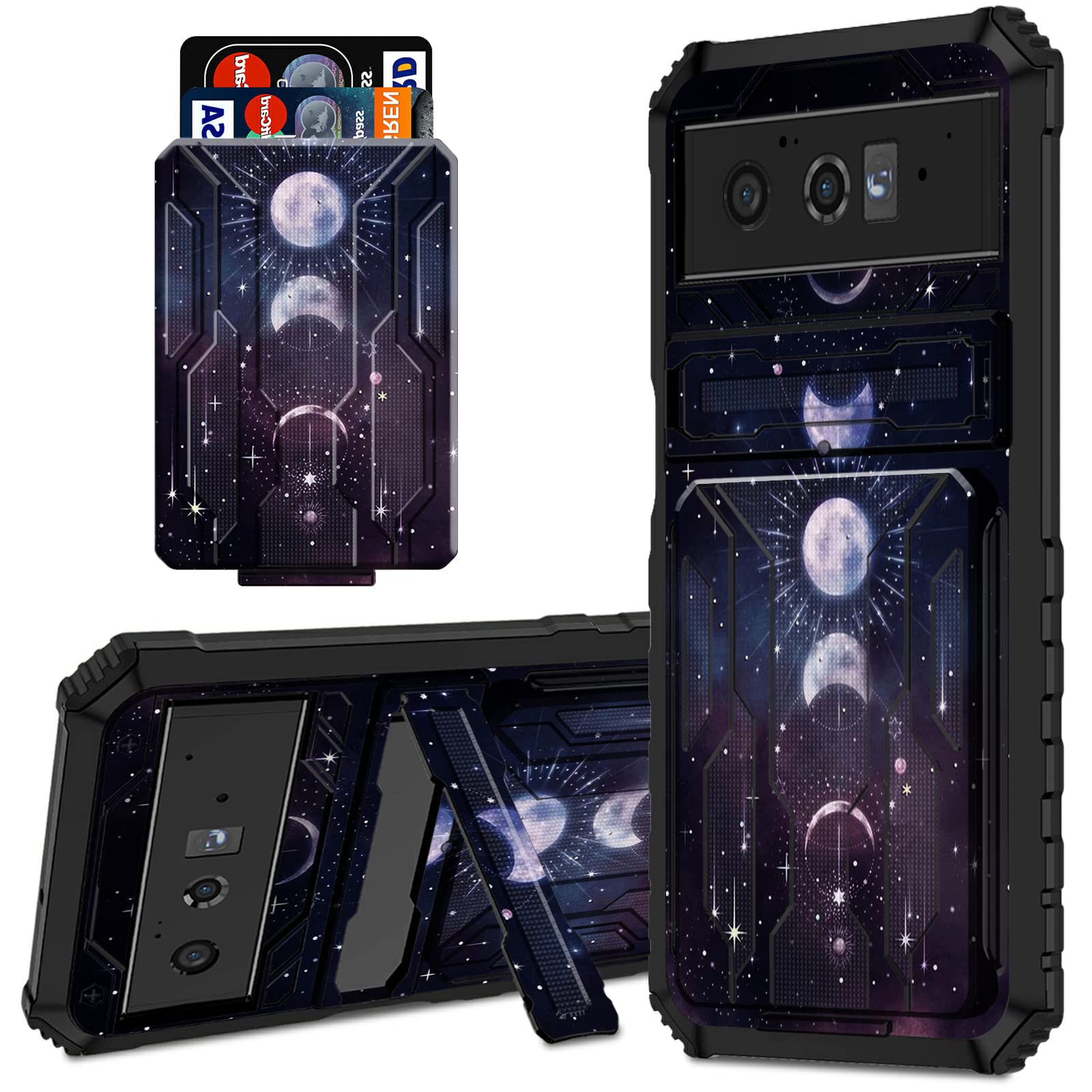 Premium Rugged Shockproof TPU Wallet Case for Google Pixel 6 Pro - Detachable Credit Card Holder & Kickstand | Heavy Duty Protective Cover with Moon Sun Stars Design | Perfect for Travel, Work & Everyday Use