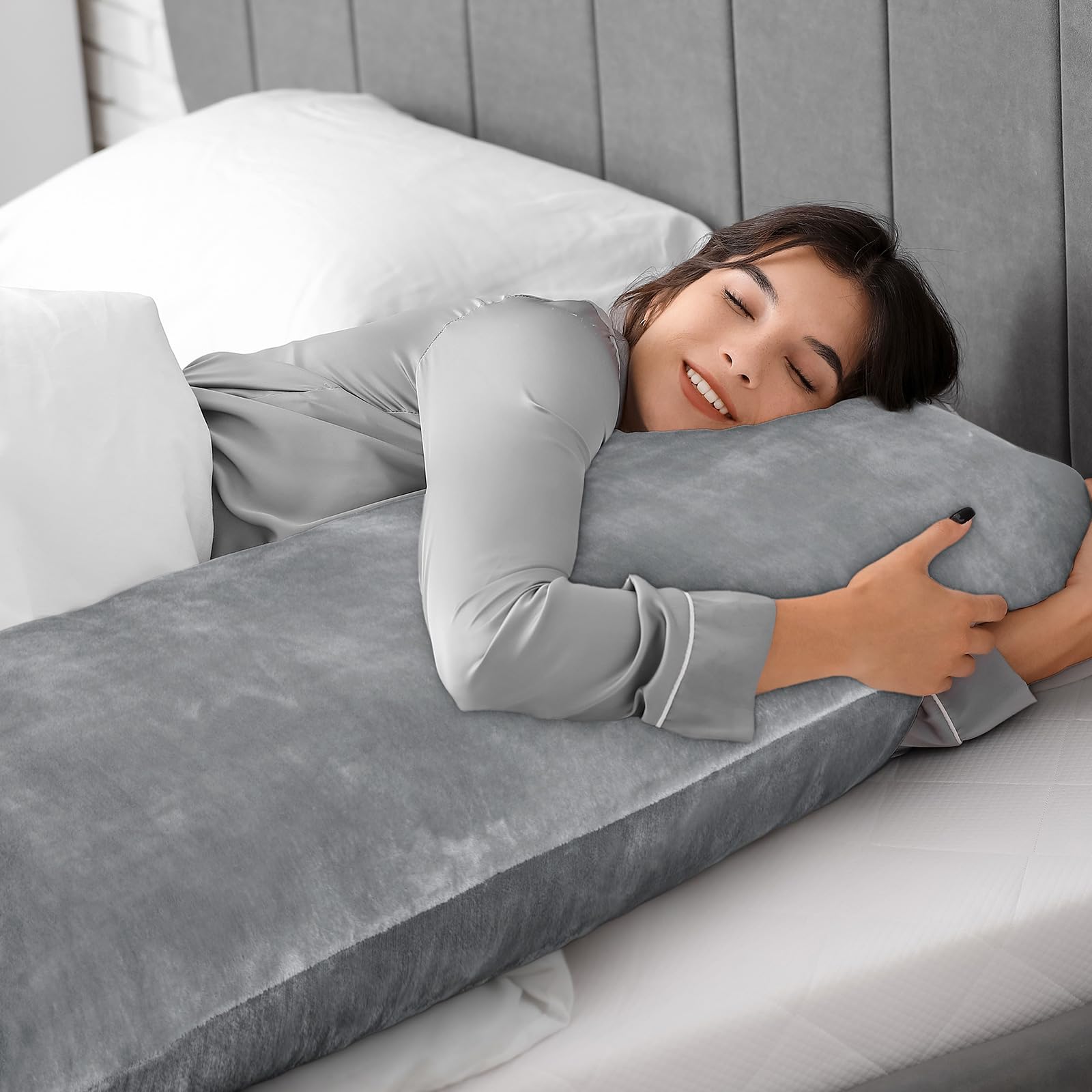 BEDELITE 20x54 Inch Soft Fleece Body Pillow Cover with Zipper - Cozy Plush Long Pillowcase for Adults, Grey - Perfect for Winter Nights, Pregnancy Support & Lounging