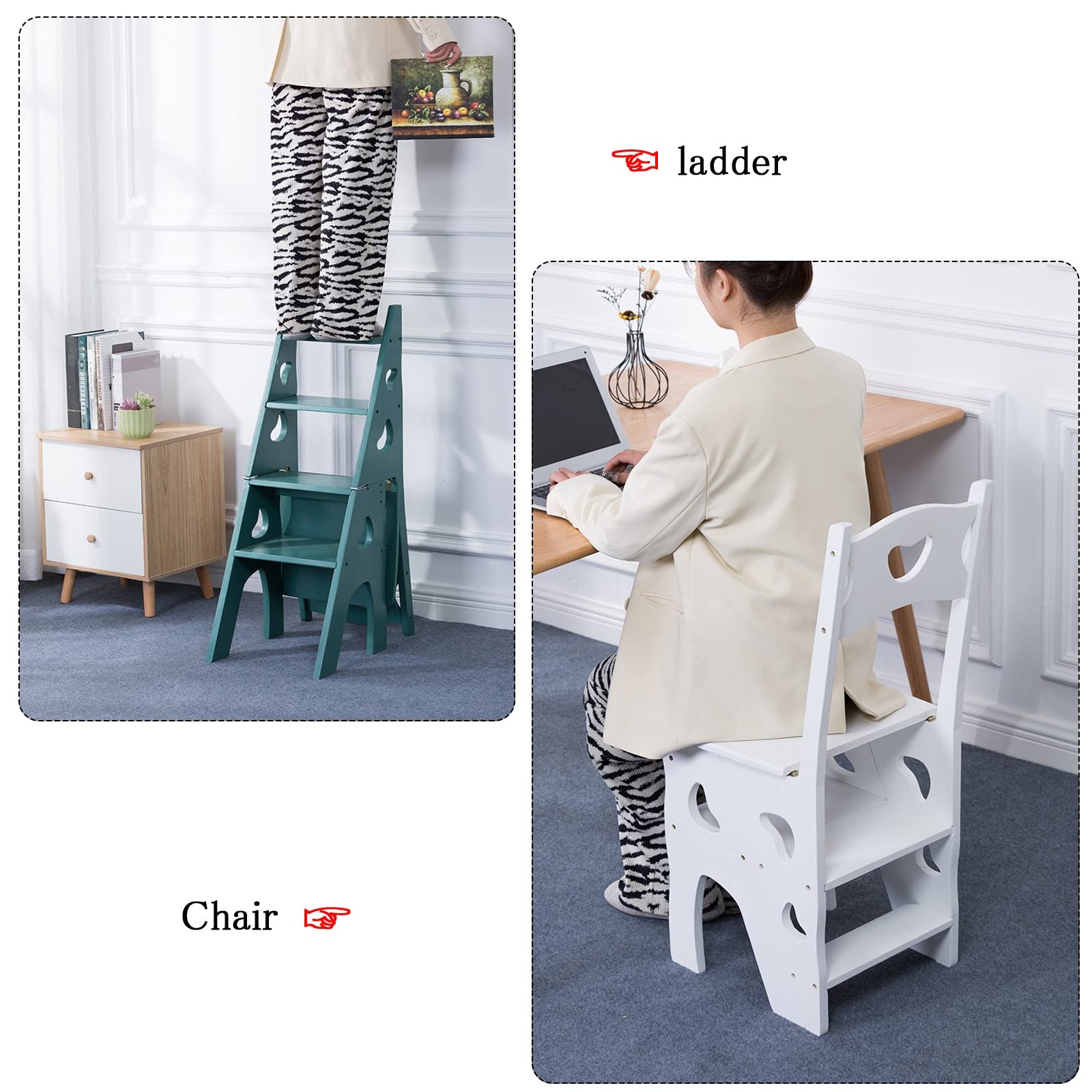 Multifunctional 4-Step Solid Wood Ladder Chair - Indoor Dual-Purpose Stool & Flower Stand Pedal - White - Perfect for Home Decor, Gardening, and Easy Reach