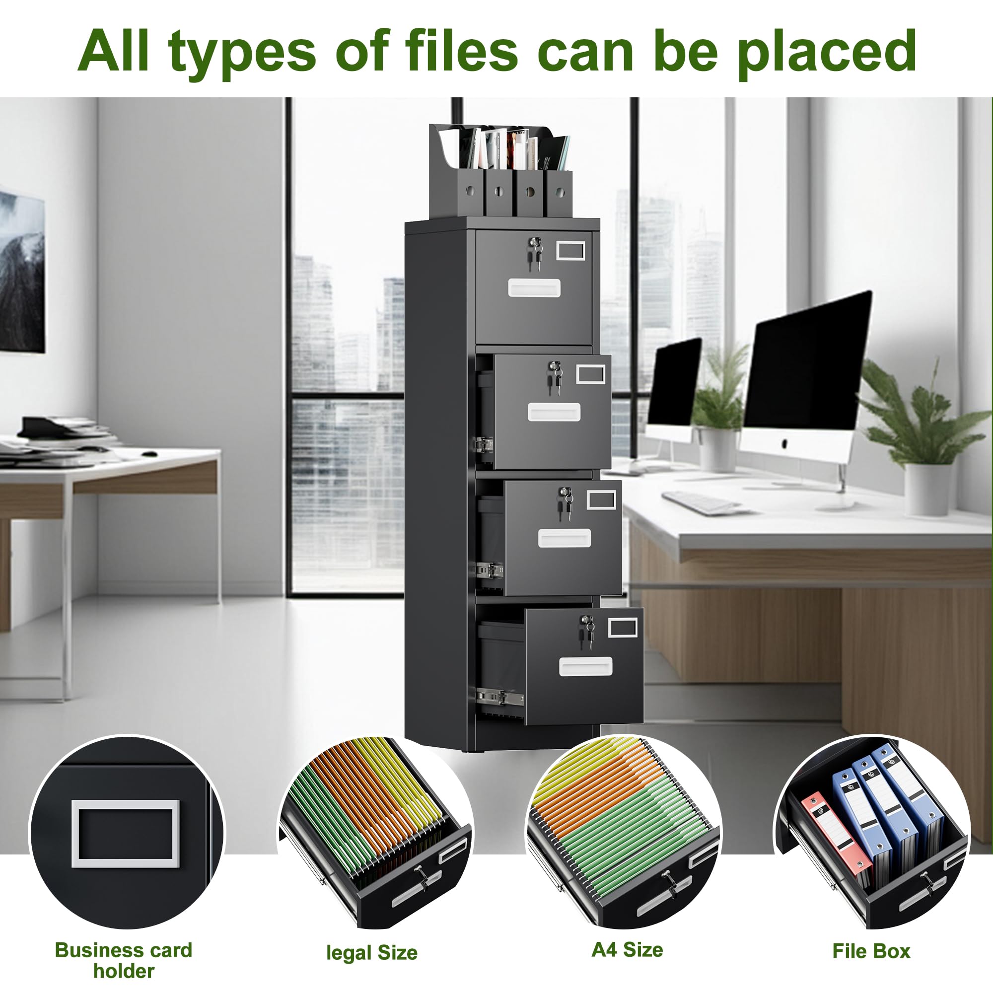4-Drawer Metal Filing Cabinet with Lock - Vertical Letter/Legal Size File Organizer for Home Office - Easy Assembly Required - Perfect for Document Storage & Office Organization