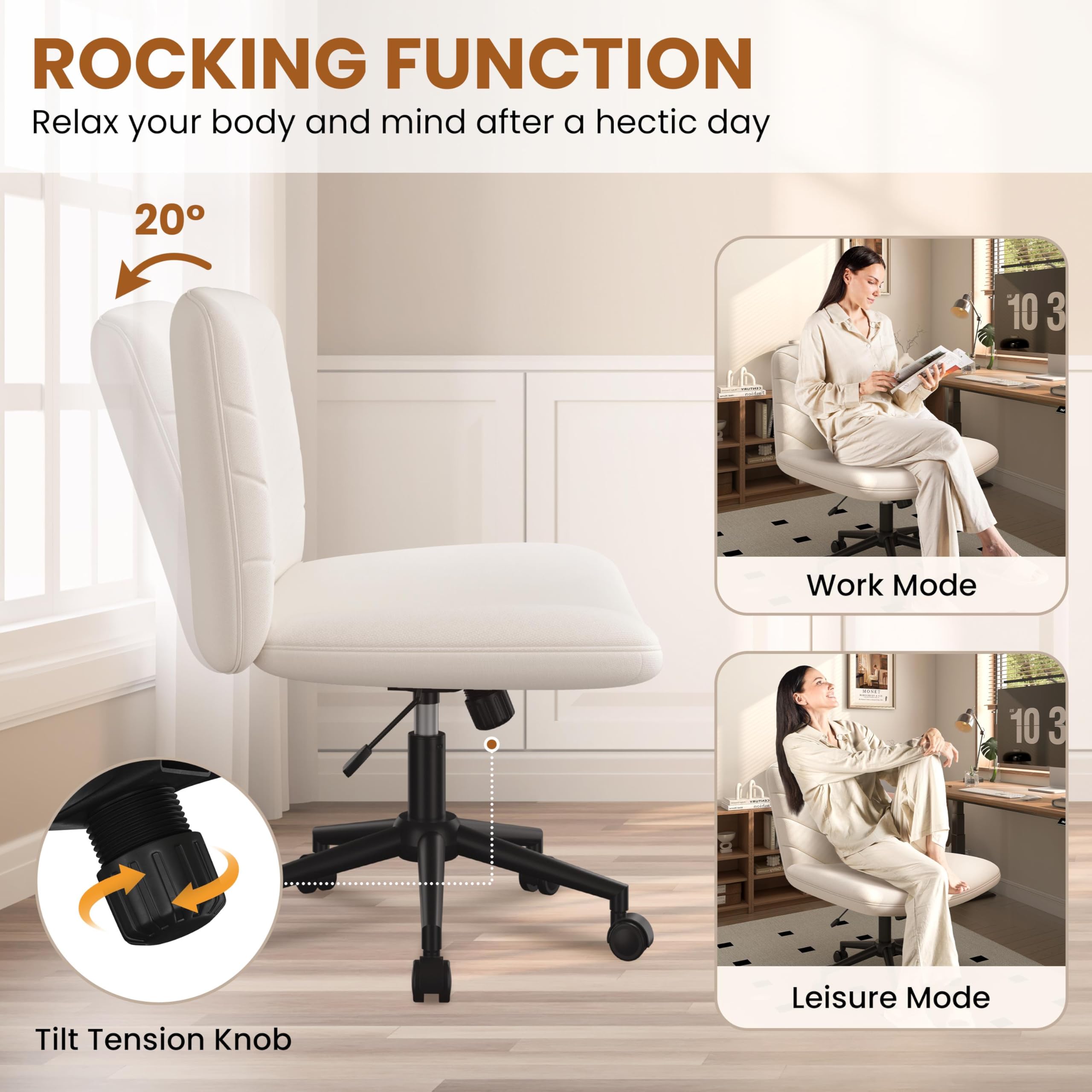 Yaheetech Ergonomic Wide Criss Cross Chair with Wheels - Adjustable Swivel Armless Office Chair for Home & Workspace, Comfortable Computer Desk Chair for Work, Gaming & Study - Beige Modern Vanity Chair for Bedroom & Dressing Room