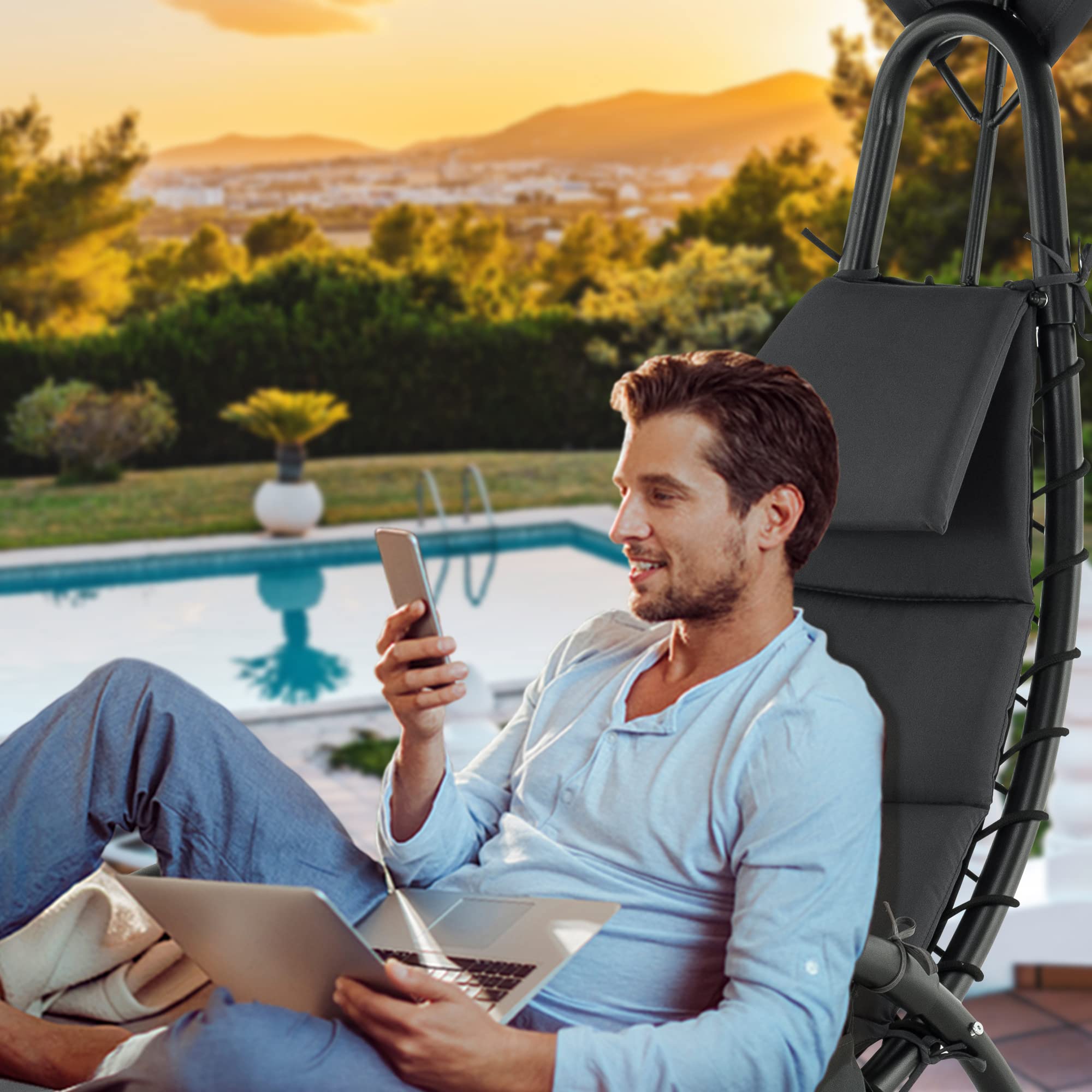 MCombo Outdoor Steel Chaise Lounge Chair with Removable Canopy & Cushions - Adjustable Reclining Patio Chair with Side Pocket & Arc Stand - Perfect for Beach, Poolside, Backyard, Balcony, Porch - Heavy Duty Grey Lounge Chair (Model 4097) for Ultimate Relaxation & Sunbathing