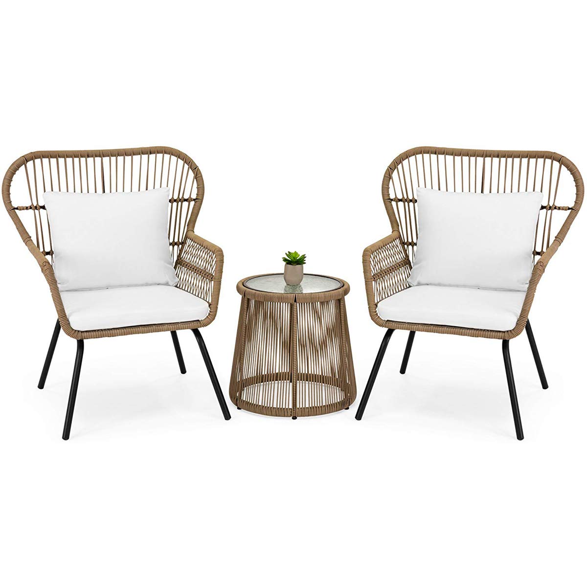 Barton 3-Piece Outdoor Bistro Set with Glass Table - Beige Wicker Rattan Patio Furniture for Garden, Balcony & Poolside Dining | Modern Conversation Seating for Backyard, Terrace & Cafe Style Decor