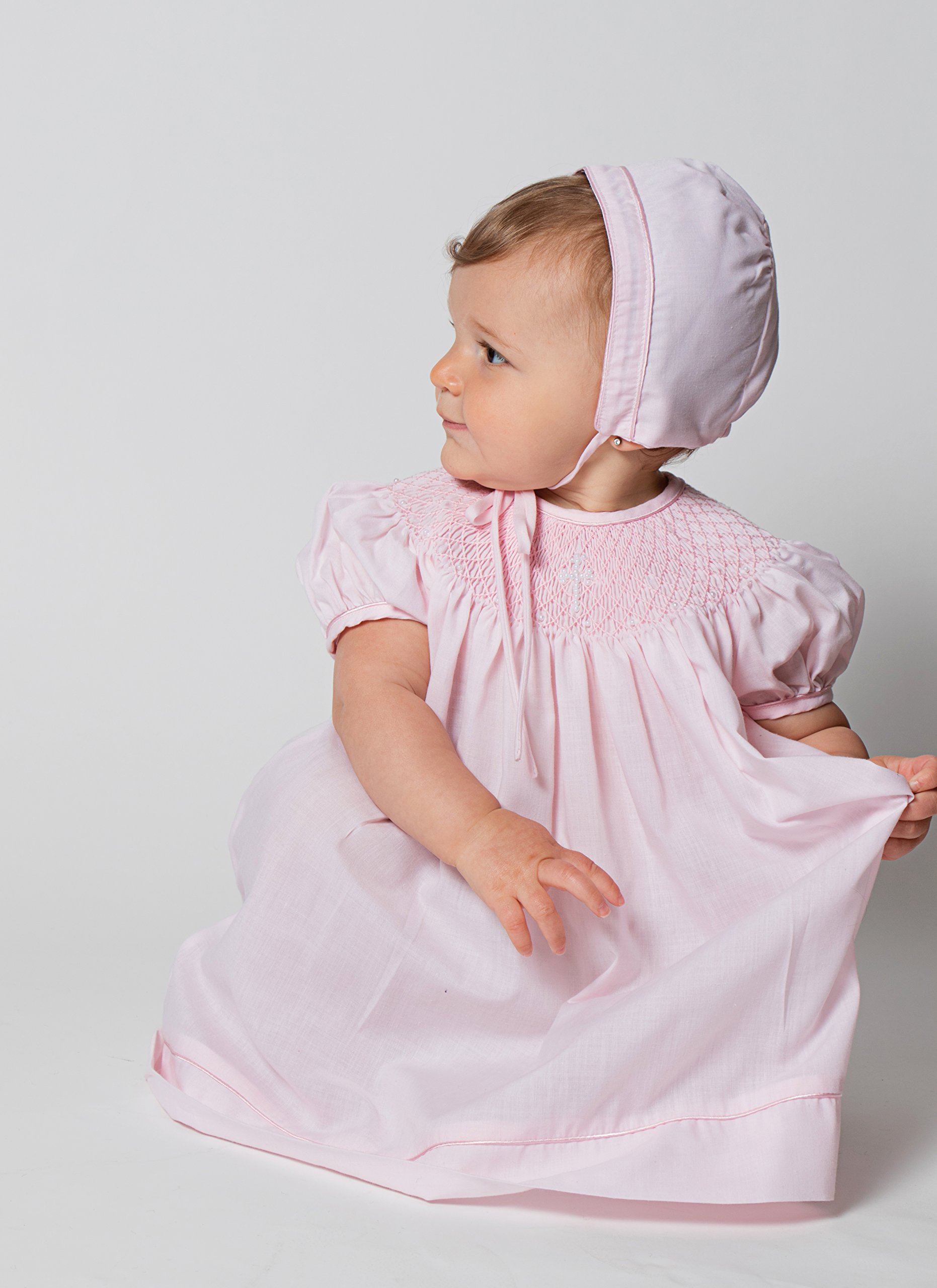 Hand-Smocked Baby Girl Baptism Dress with Pearl Cross & Bonnet - Christening Gowns for Infant Girls in Pink | Perfect for Church Ceremonies, Christenings & Special Occasions
