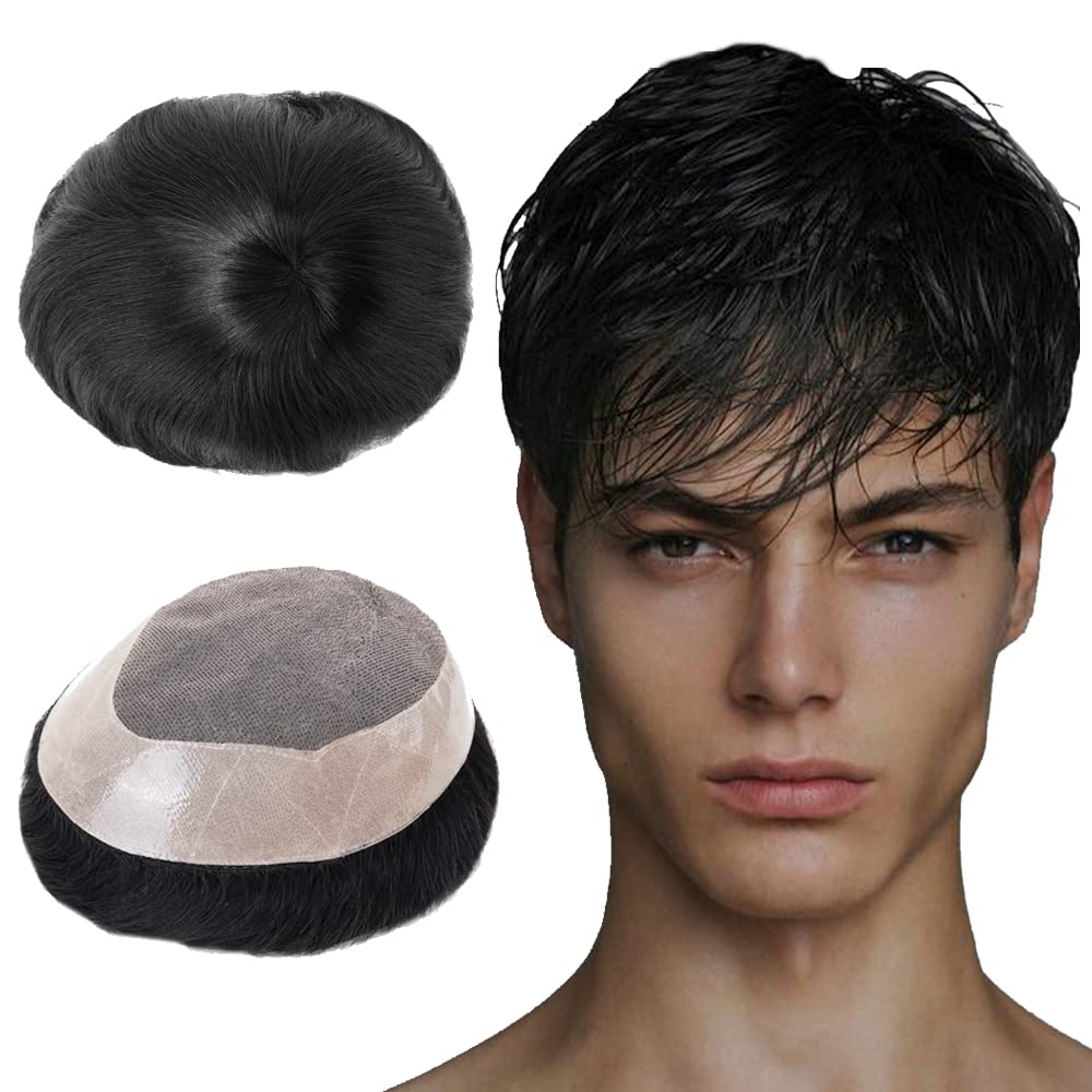 Premium Lordhair Men's Hair Replacement System - Real Human Hair with Fine Mono & PU Base - Off Black 1B Color - Natural Looking Hairpiece for Thinning Hair & Baldness Solution - Perfect for Daily Wear, Special Occasions & Confidence Boost