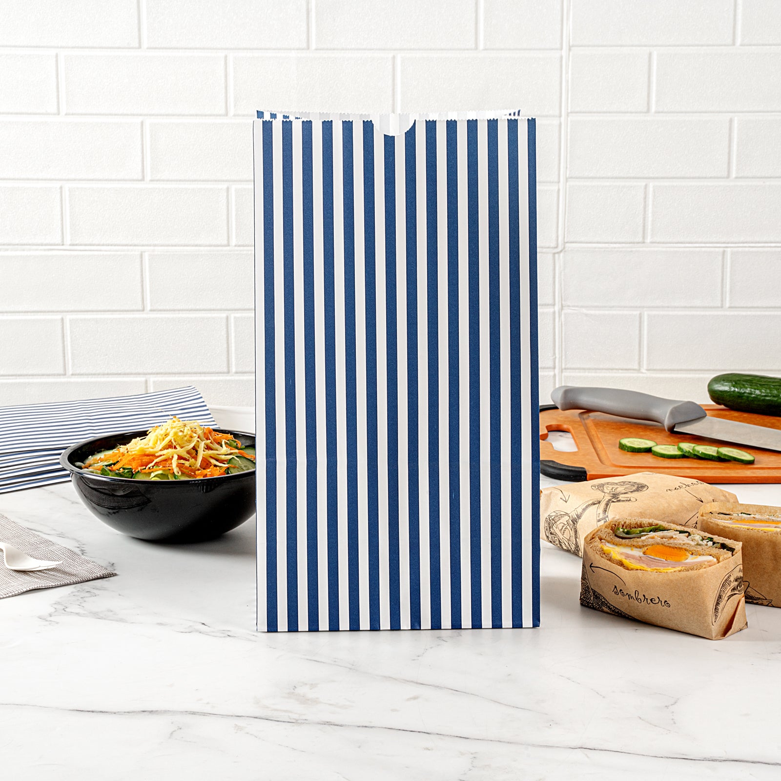 Premium Blue and White Striped Paper Bags - 12 lb Weight Capacity, 7 x 4.25 x 12.5 Inches (100 Count Box) - Perfect for Gift Wrapping, Party Favors, and Retail Packaging