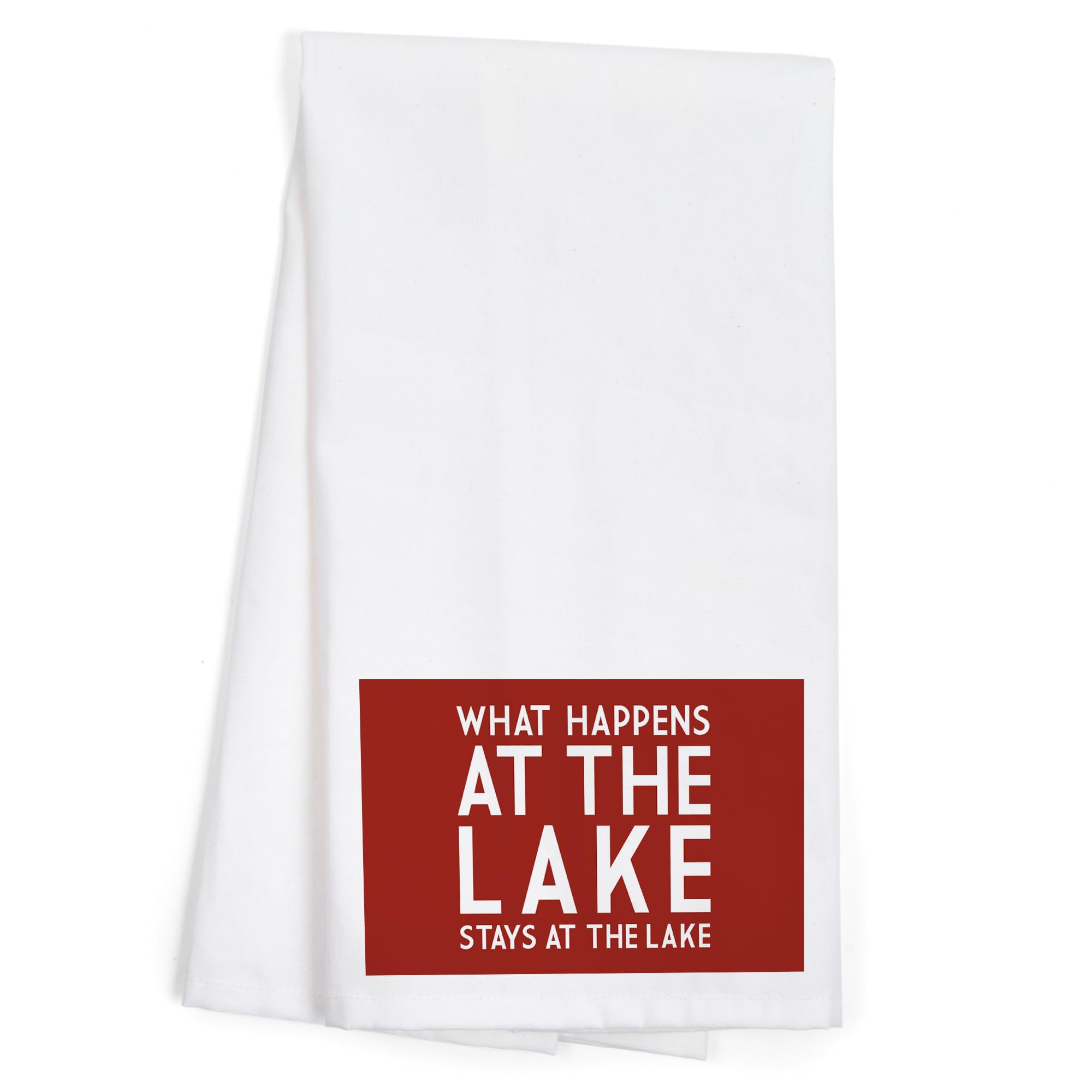 What Happens at The Lake (Red) - 100% Cotton Tea Towel, Decorative Hand Towel for Kitchen & Home | Perfect for Farmhouse Decor, Gift Giving & Cozy Cottage Style