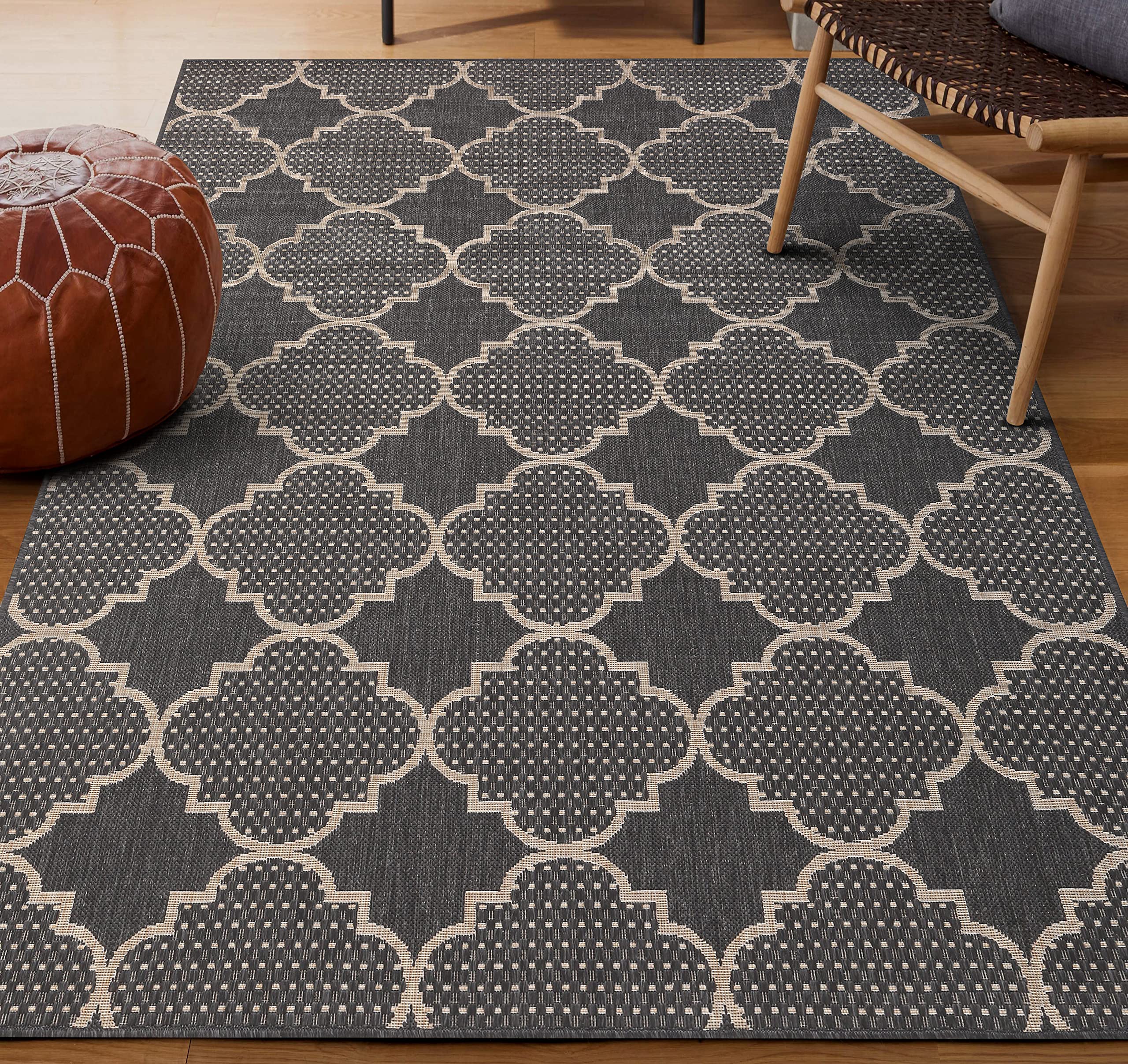 Modern Geometric Indoor/Outdoor Area Rug - Weather-Resistant 8x10 Gray Carpet for Porch, Deck, Balcony, Backyard & Patio - Perfect for Outdoor Entertaining & Home Decor