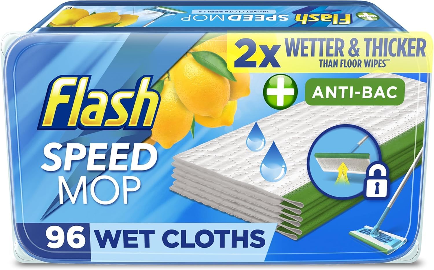Flash Speedmop Wet Cloth Refills - 96 Pack (24 x 4) | Lemon Scented Antibacterial Floor Cleaning Wipes | Compatible with Flash Speed Mop | Ideal for Hardwood, Tile & Laminate Floors | Quick & Easy Household Cleaning Solution