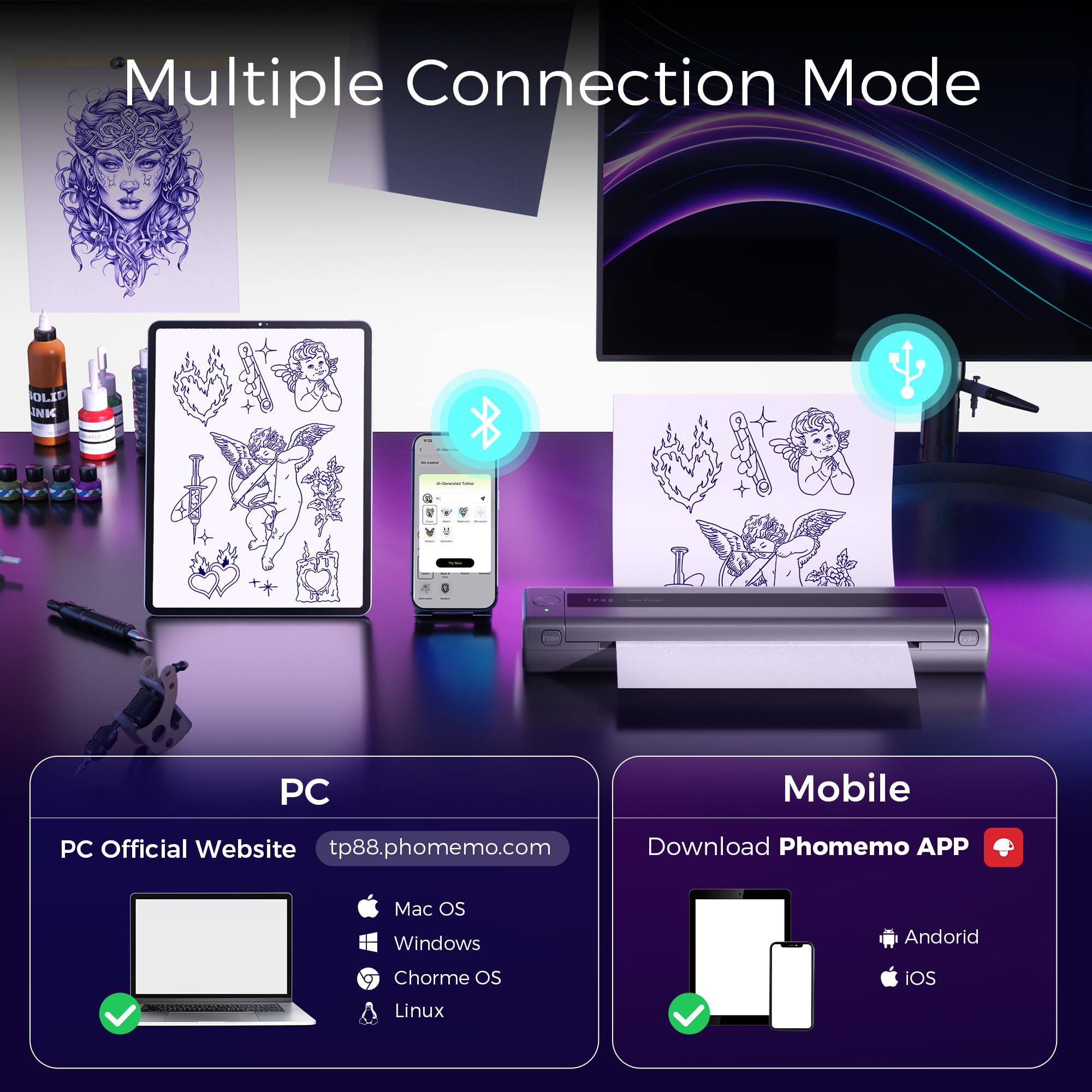 Upgraded Zodzi TP88 Bluetooth Tattoo Stencil Printer with 10PCS Transfer Paper - Thermal Stencil Maker for Tattoo Artists & Beginners - Compatible with Phone, Tablet & PC - Perfect for Studio, Home & Professional Tattoo Design
