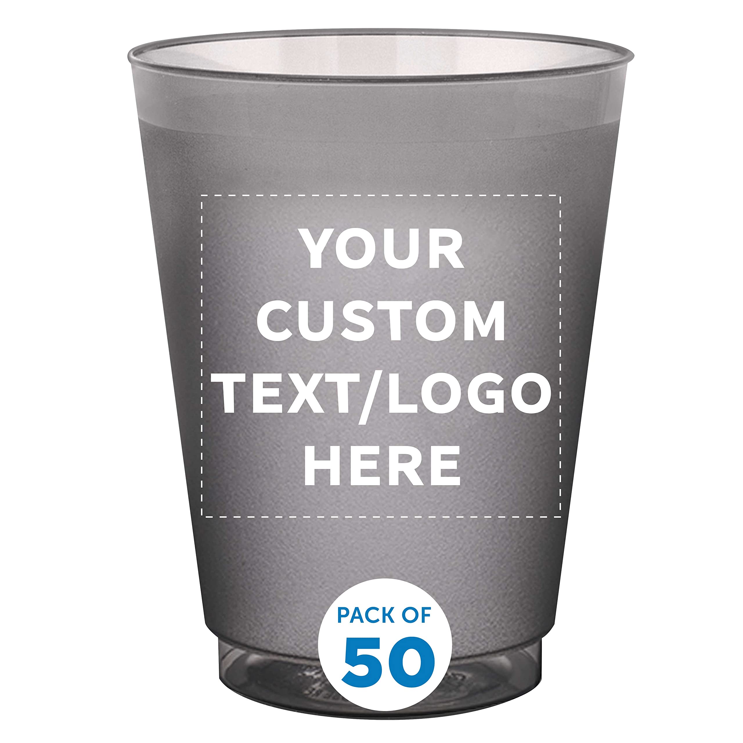 Custom Printed 16 oz Frosted Plastic Stadium Cups - 50 Pack with Promotional Text & Logo - Shatterproof, Flexible, Reusable Party Cups for Sports Events, Tailgating, BBQs, and Outdoor Gatherings - Smoke Color