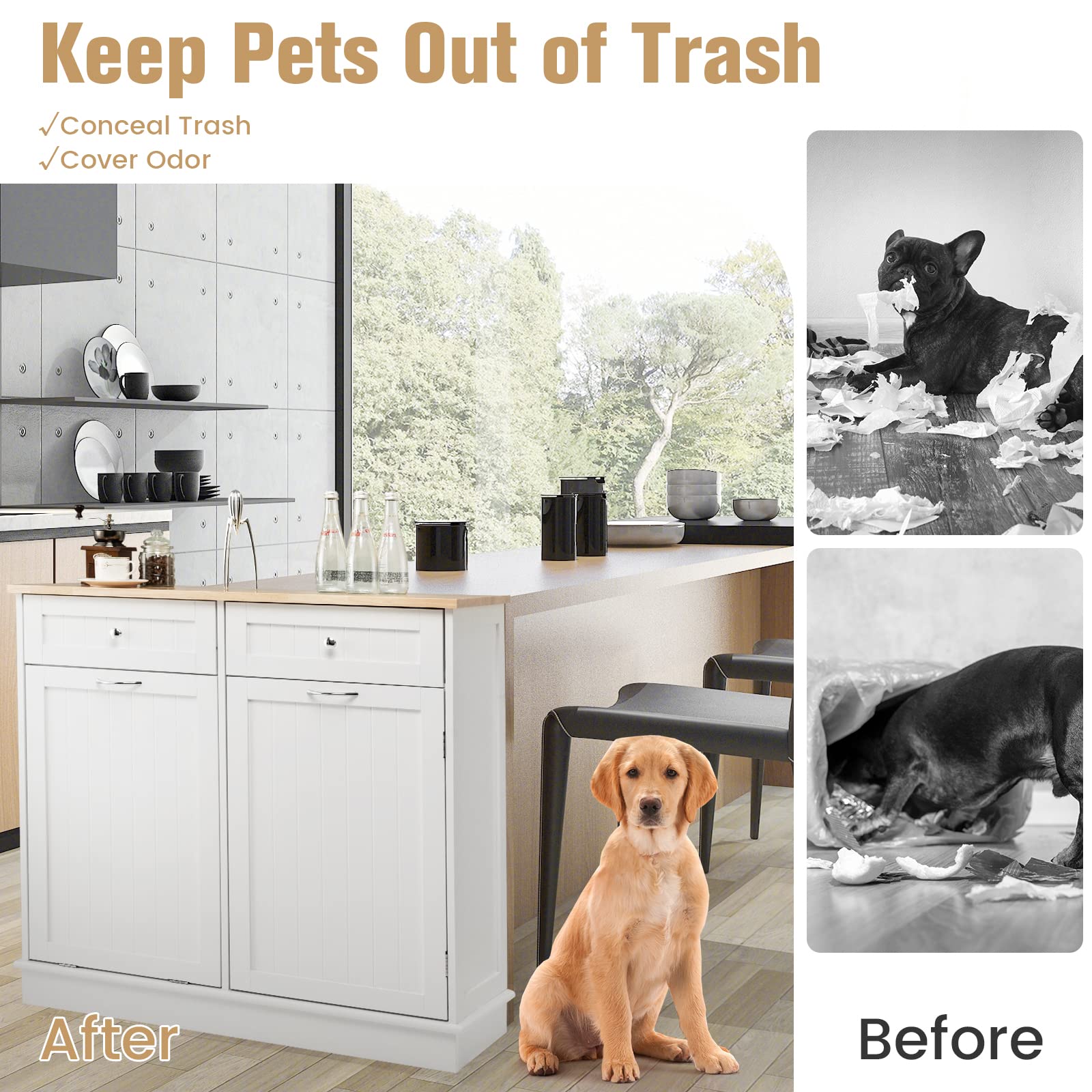 Tilt Out Trash Cabinet - White Kitchen Island with 2 Drawers, Adjustable Shelf & Rubber Wood Countertop | Freestanding Laundry Hamper & Pet Proof Garbage Can Holder with Recycle Bins | Perfect for Small Kitchens, Laundry Rooms & Pet-Friendly Homes