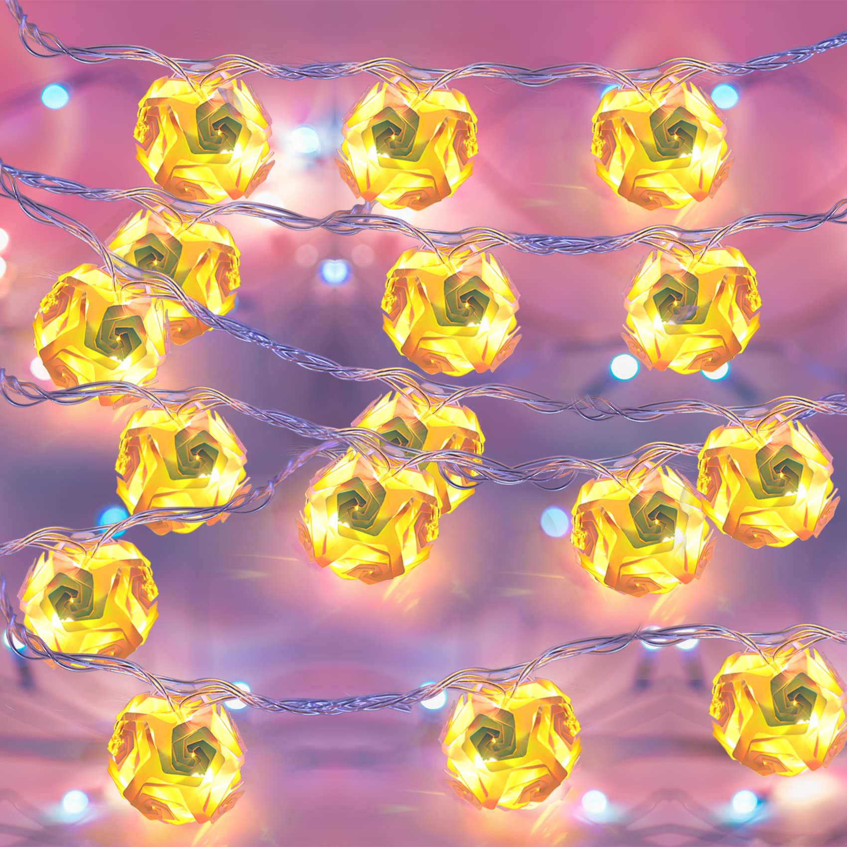 16ft LED 3D Rose Ball String Lights - Indoor/Outdoor Wedding & Party Decor (Yellow)