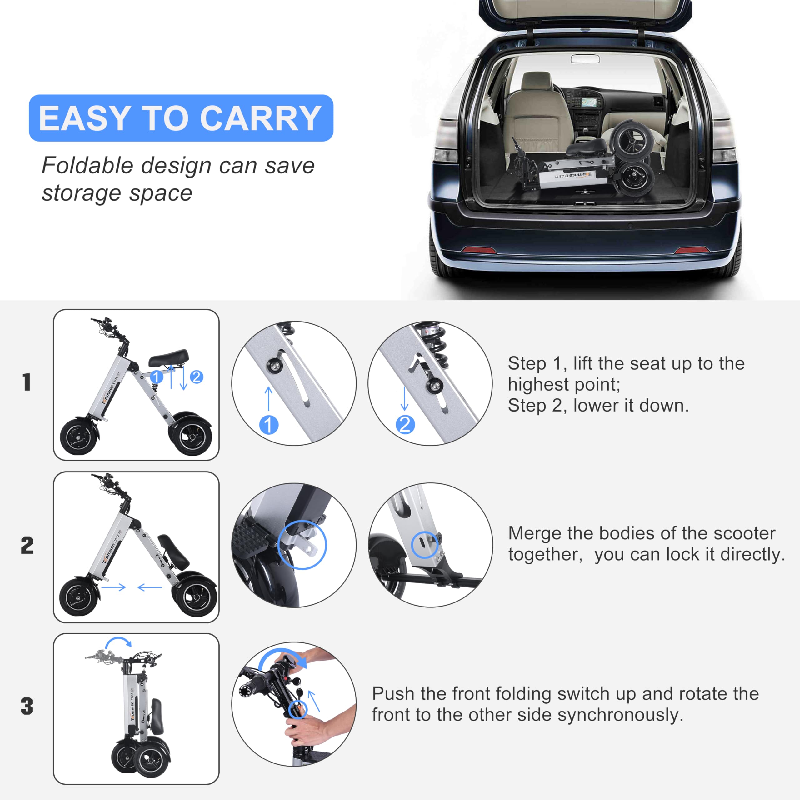 TopMate ES35 3-Wheel Foldable Electric Mobility Scooter for Adults - Lightweight & Portable with Removable 36V 7.8AH Battery, Reverse Function & Key Switch - Perfect for Commuting, Travel & Outdoor Activities