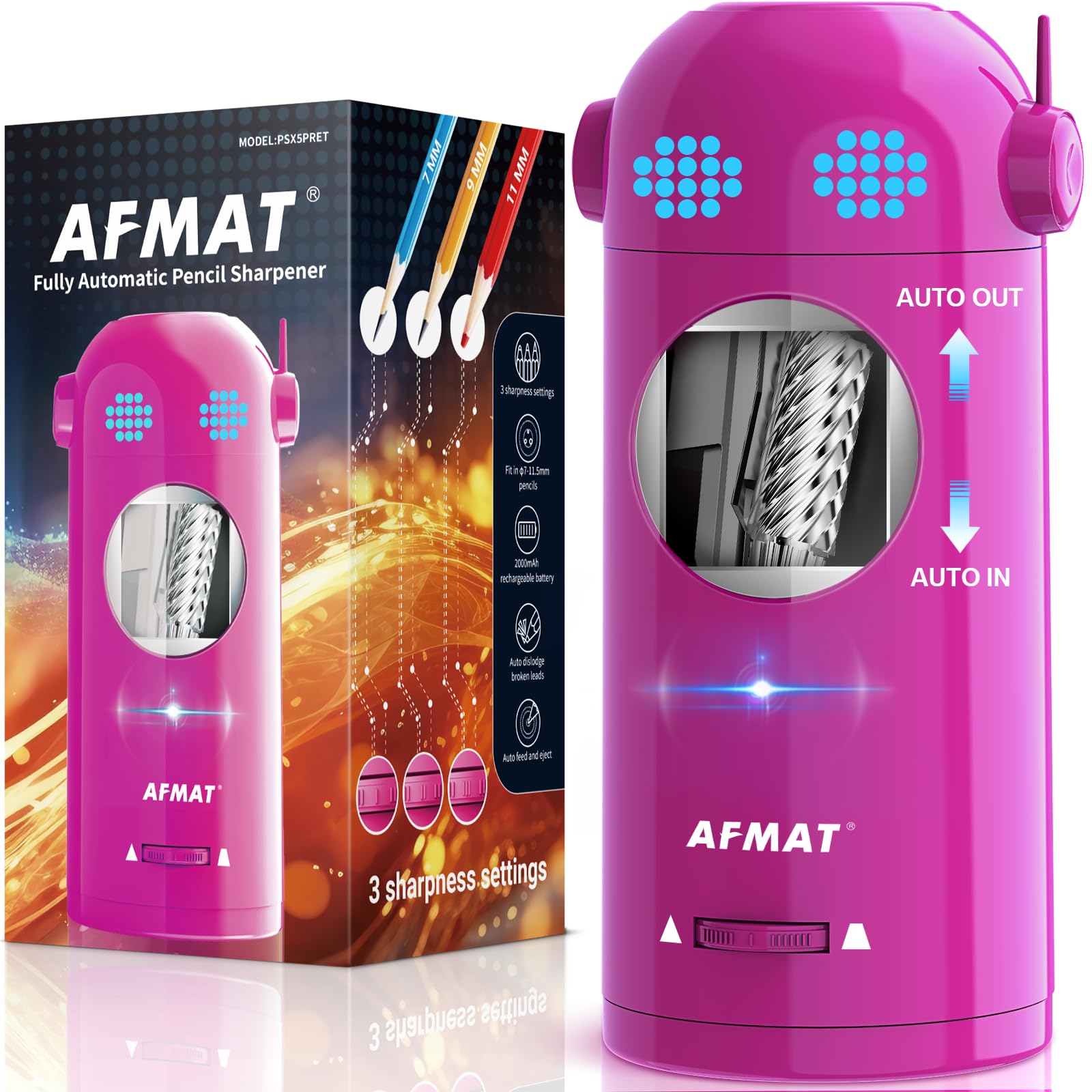 AFMAT Electric Pencil Sharpener for Colored Pencils 7-11.5mm - Automatic Rechargeable Hands-Free Sharpener with Auto In & Out - Purple (ET) - Perfect for Artists, Students & Office Use