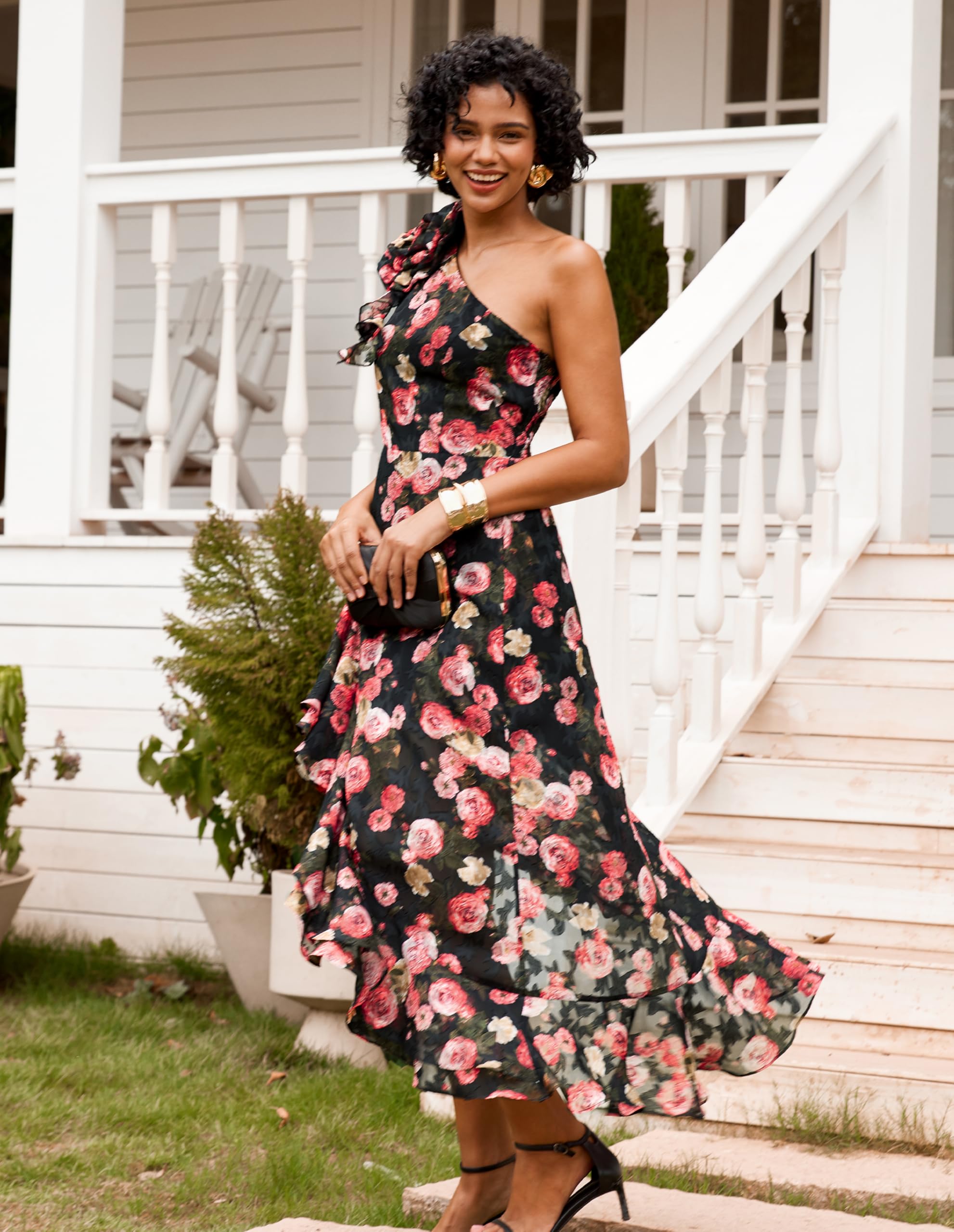 GRACE KARIN Women's Floral One Shoulder Sleeveless Ruffle Maxi Dress - Summer Wedding Guest Dress, Beach Cover Up, Vacation Sundress for Parties & Special Occasions