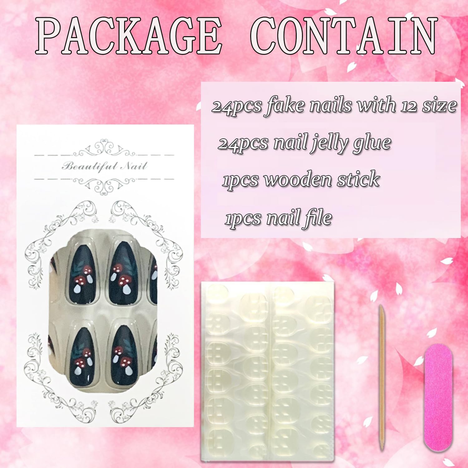 **Press on Nails Almond Medium Length - Glossy Black Acrylic Fake Nails with Mushroom Designs & Charms, Full Cover Artificial Nails for Women & Girls - Perfect for Parties, Halloween, Cosplay & Everyday Wear**