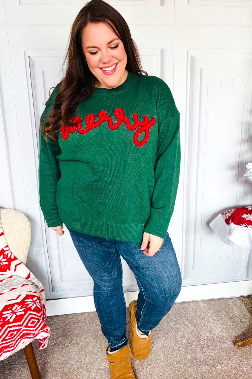 Be Merry Hunter Green Pop Up Lurex Sweater - Festive Holiday Knitwear for Women | Perfect for Christmas Parties & Winter Gatherings