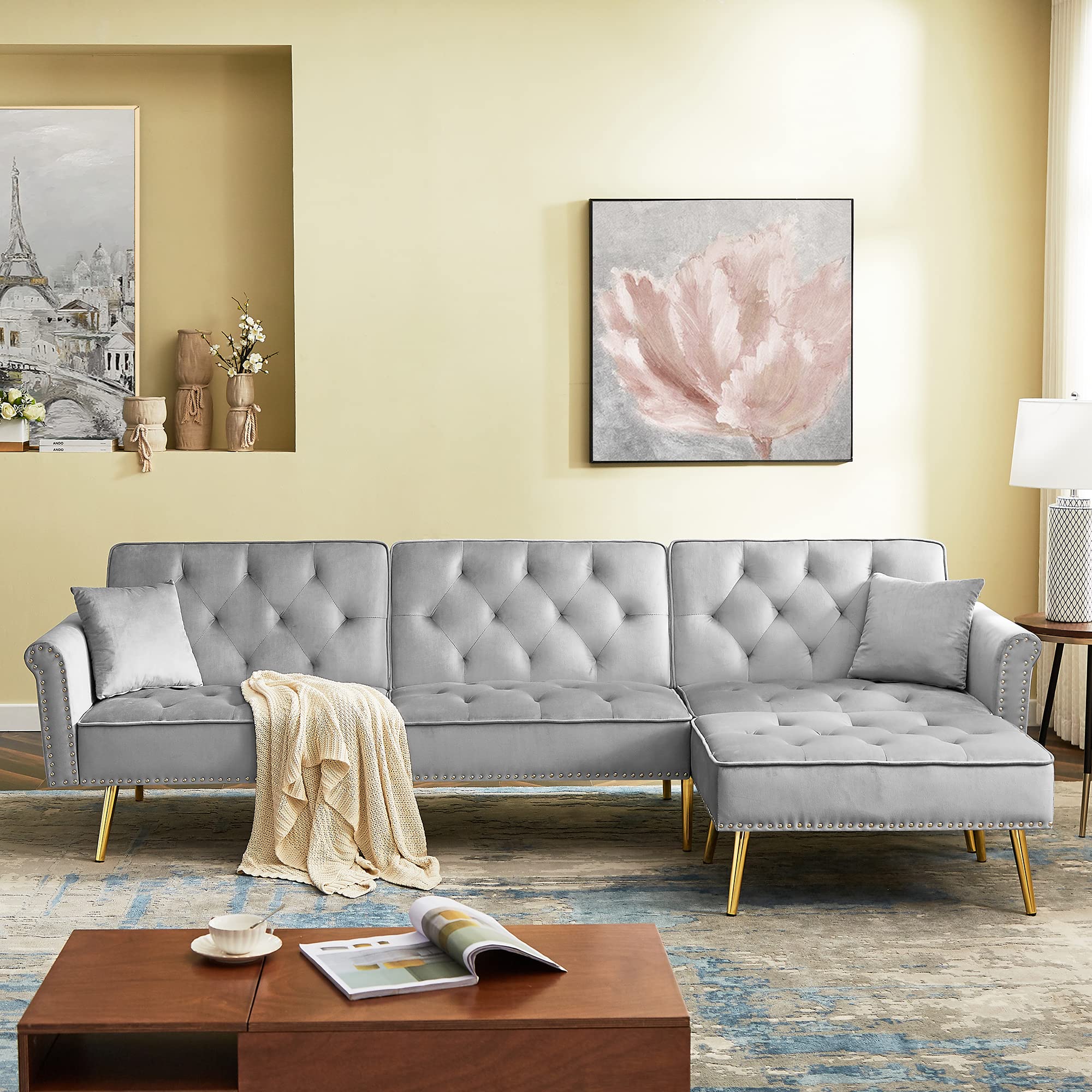L-Shaped Corner Tufted Velvet Sectional Sofa Bed with Reversible Chaise & Ottoman - Convertible Sleeper Couch for Living Room, Apartment, Home Office - Modern Comfortable Furniture for Relaxing, Entertaining & Small Space Living