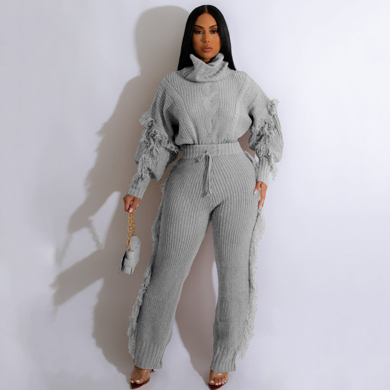 Solid Color Knitted Long Sleeve Fringe Suit - Women's Elegant Loungewear for Home, Office & Casual Outings