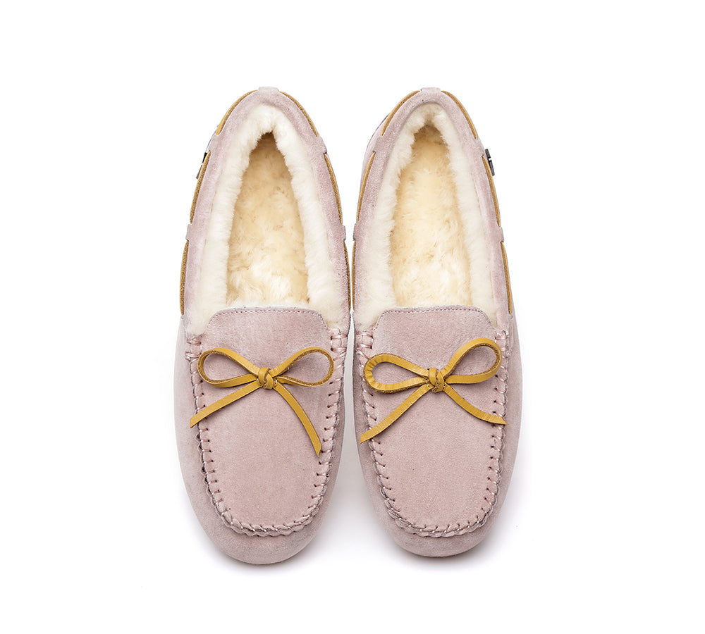 EVERAU® Women's Sheepskin Wool Bow Slippers - Cozy UGG Moccasins for Indoor & Outdoor Comfort - Perfect for Home, Office, and Winter Relaxation