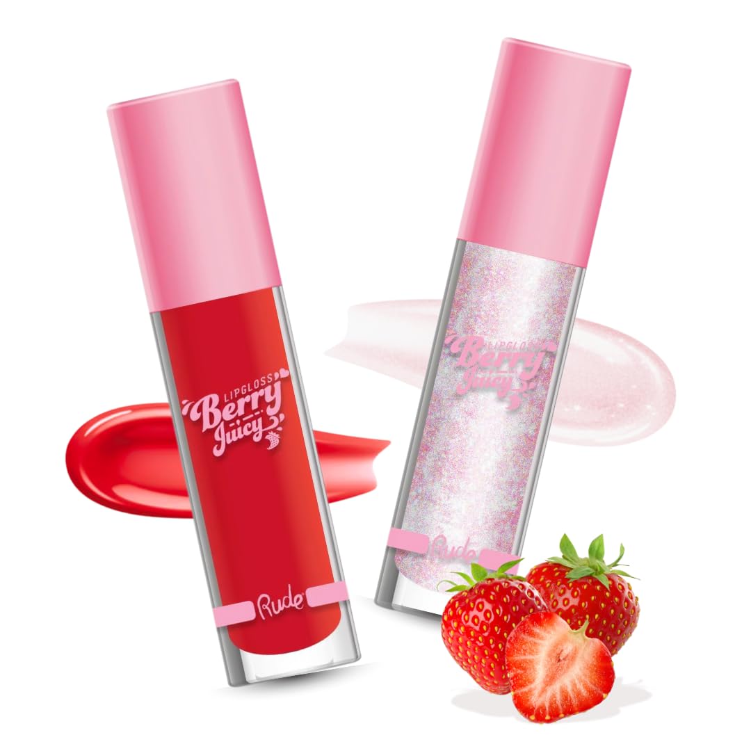 RUDE Cosmetics Berry Juicy Lip Gloss Set - High Shine Moisturizing Lipgloss for Day & Night Makeup
