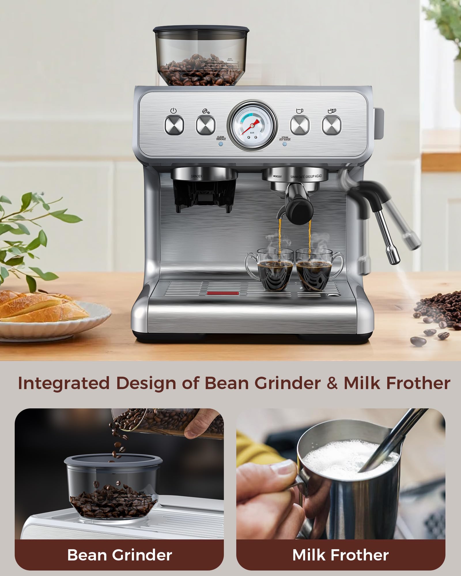 Kndko 15 Bar Semi-Automatic Espresso Machine with Milk Frother & Grinder - Stainless Steel Detachable Water Tank - Perfect for Latte & Cappuccino - Ideal for Home Coffee Bar & Office Use