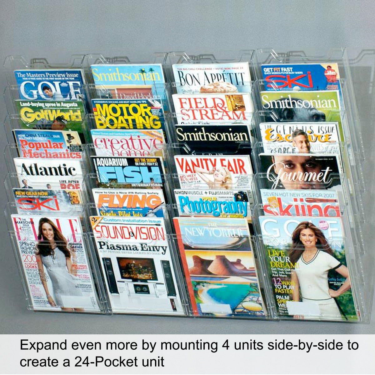 12-Pocket Crystal Clear Modular Magazine Rack - Space-Saving Cascading Wall Organizer for Office, Home & Library - Expandable Top to Bottom & Side by Side - Perfect for Books, Magazines & Office Literature Display