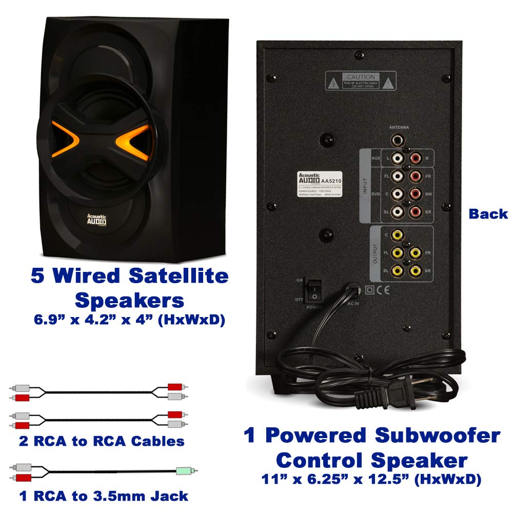 Acoustic Audio by Goldwood 5.1 Channel Home Theater Speaker System with Bluetooth, LED Lights, Powerful Surround Sound - Perfect for Movies, Gaming & Music (AA5210, Black)