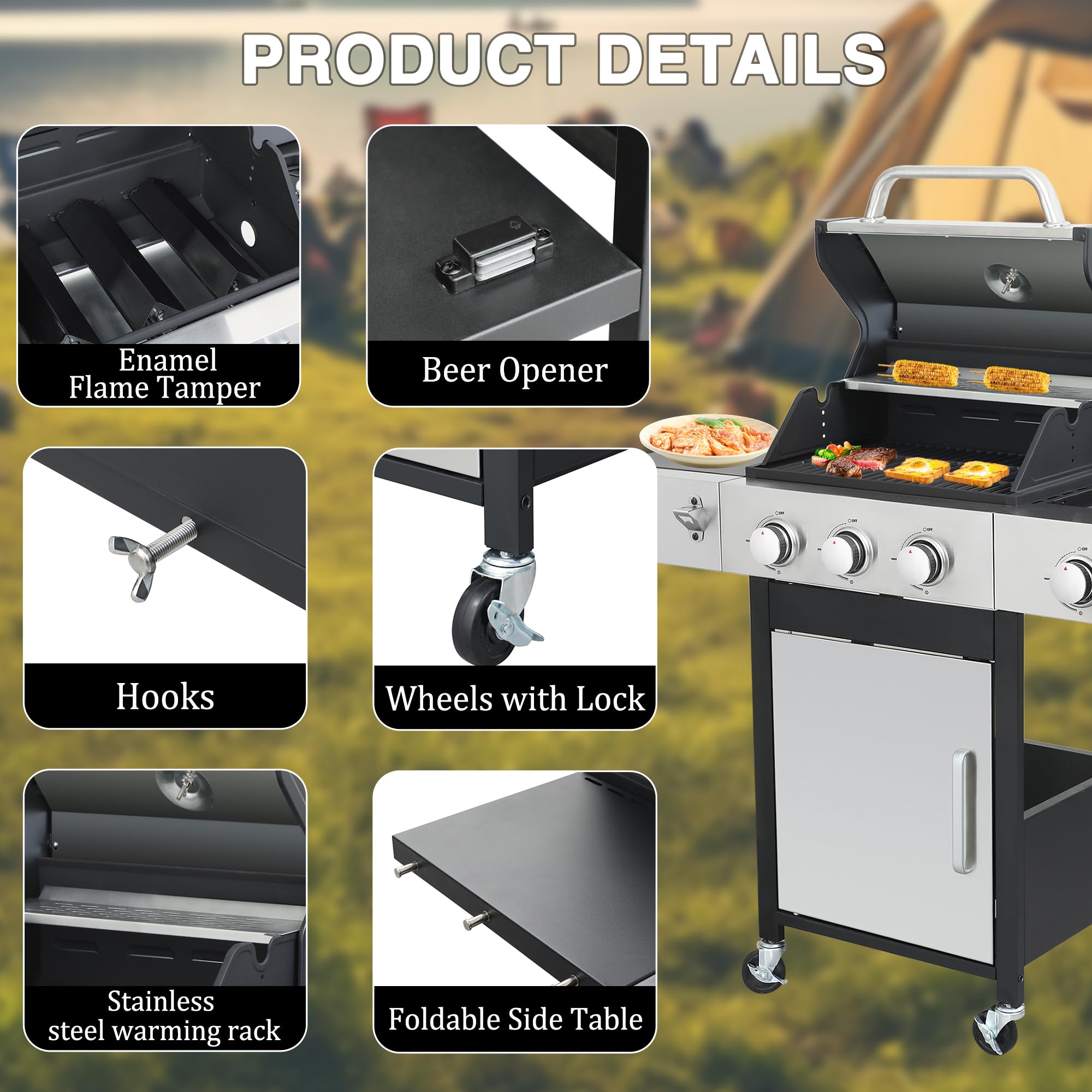 4 Burner Propane Gas BBQ Grill - Stainless Steel Outdoor Grill with Enameled Cast Iron Grids & Rectangular Griddle - 46,790 BTU (3+1 Burner) - Perfect for Patio, Garden, Backyard, Camping & Tailgating Parties