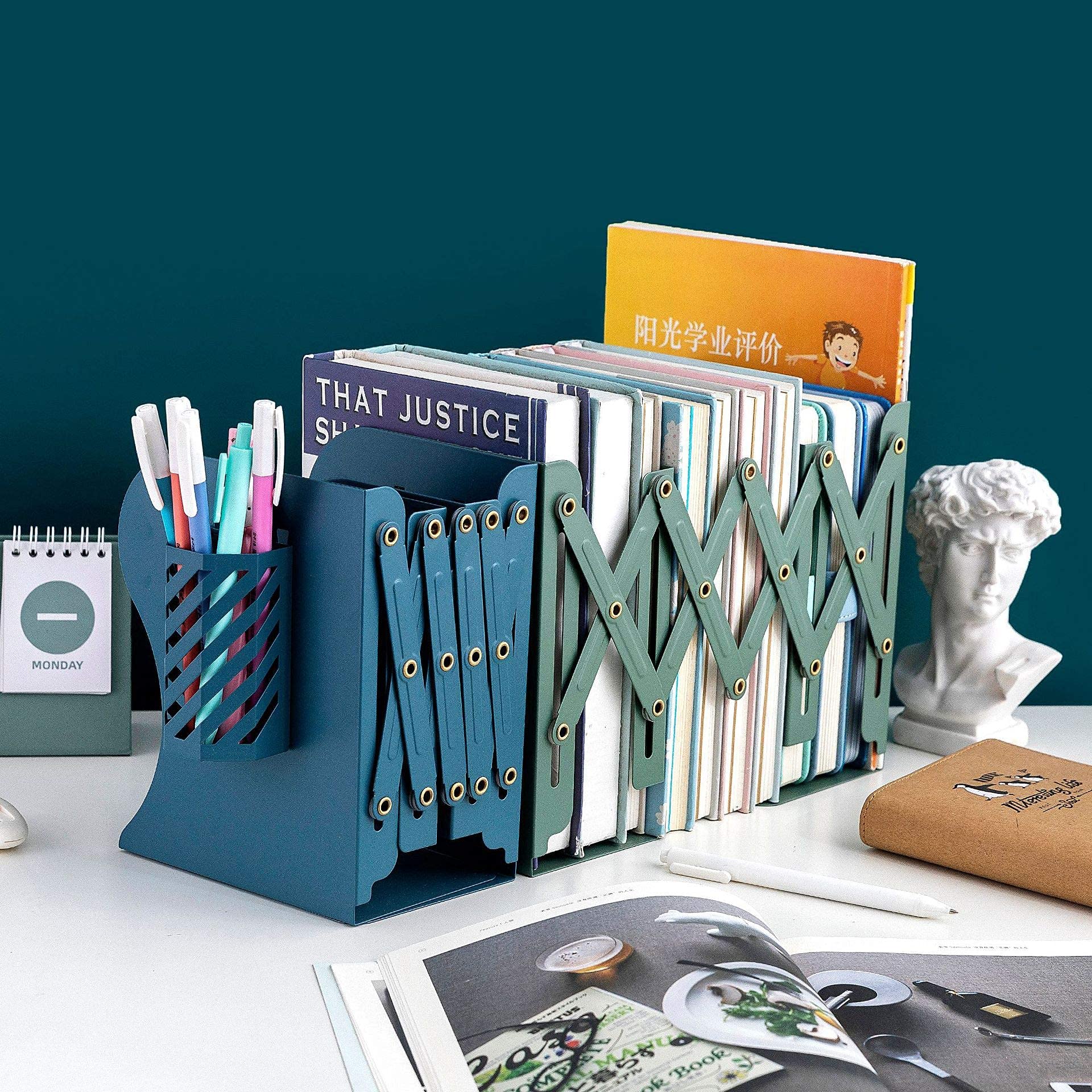 Heavy Duty Adjustable Metal Bookends for Shelves - Book Stoppers & Organizer with Pen Holder - Perfect for Office Desk, Home Library, and Study Room Organization