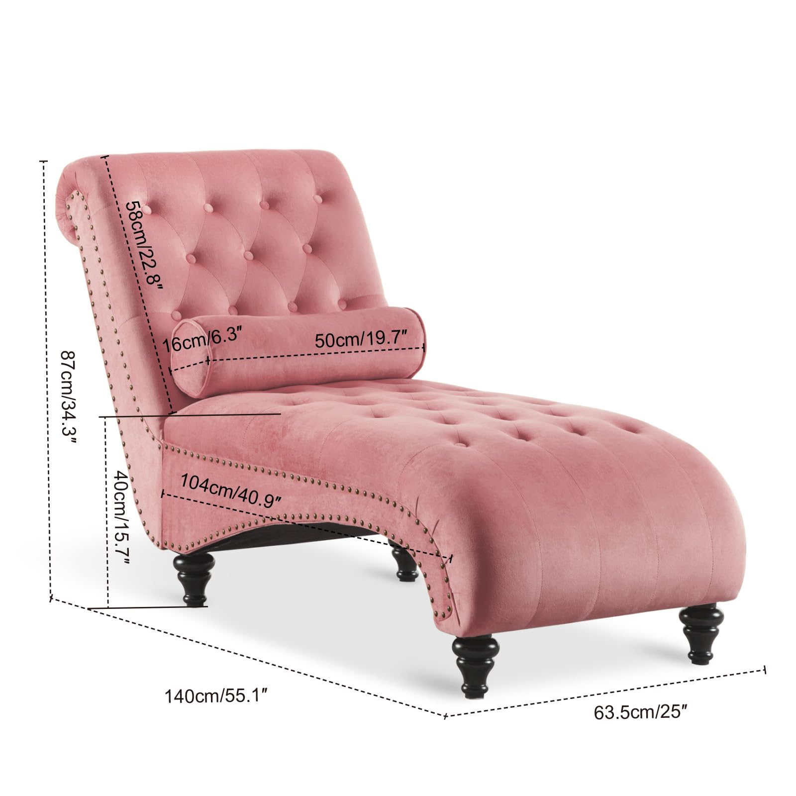 Luxury Velvet Button-Tufted Chaise Lounge Chair with Bolster Pillow - Elegant Nailhead Trim & Turned Legs for Living Room, Bedroom or Office - Comfortable Leisure Sofa Couch in Soft Pink - Perfect for Relaxing, Reading or Napping