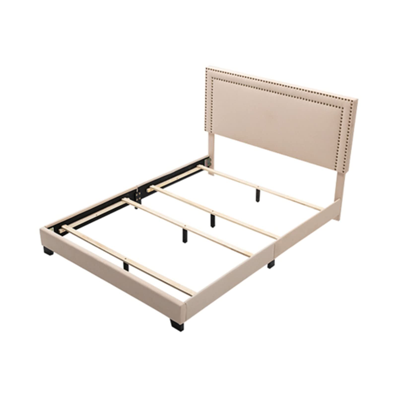 ZJXADS Upholstered Platform Bed Frame with Adjustable Height & Double-Row Copper Nails Headboard - Queen/Twin Size Daybed in Beige | Perfect for Small Spaces, Guest Rooms & Modern Bedrooms