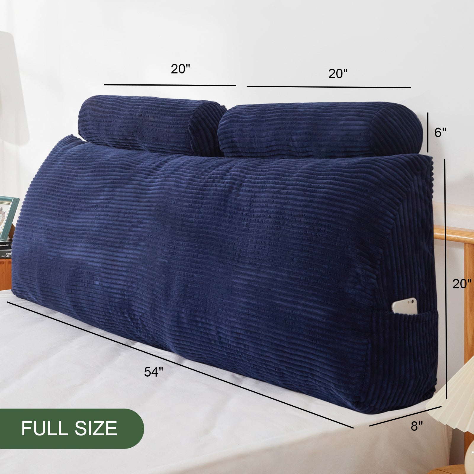 MAXYOYO Wedge Headboard Pillow with Cylindrical Neck Support Pillow & Removable Washable Cover - Blue | Bed Backrest for Reading, Watching TV & Relaxing in Bed