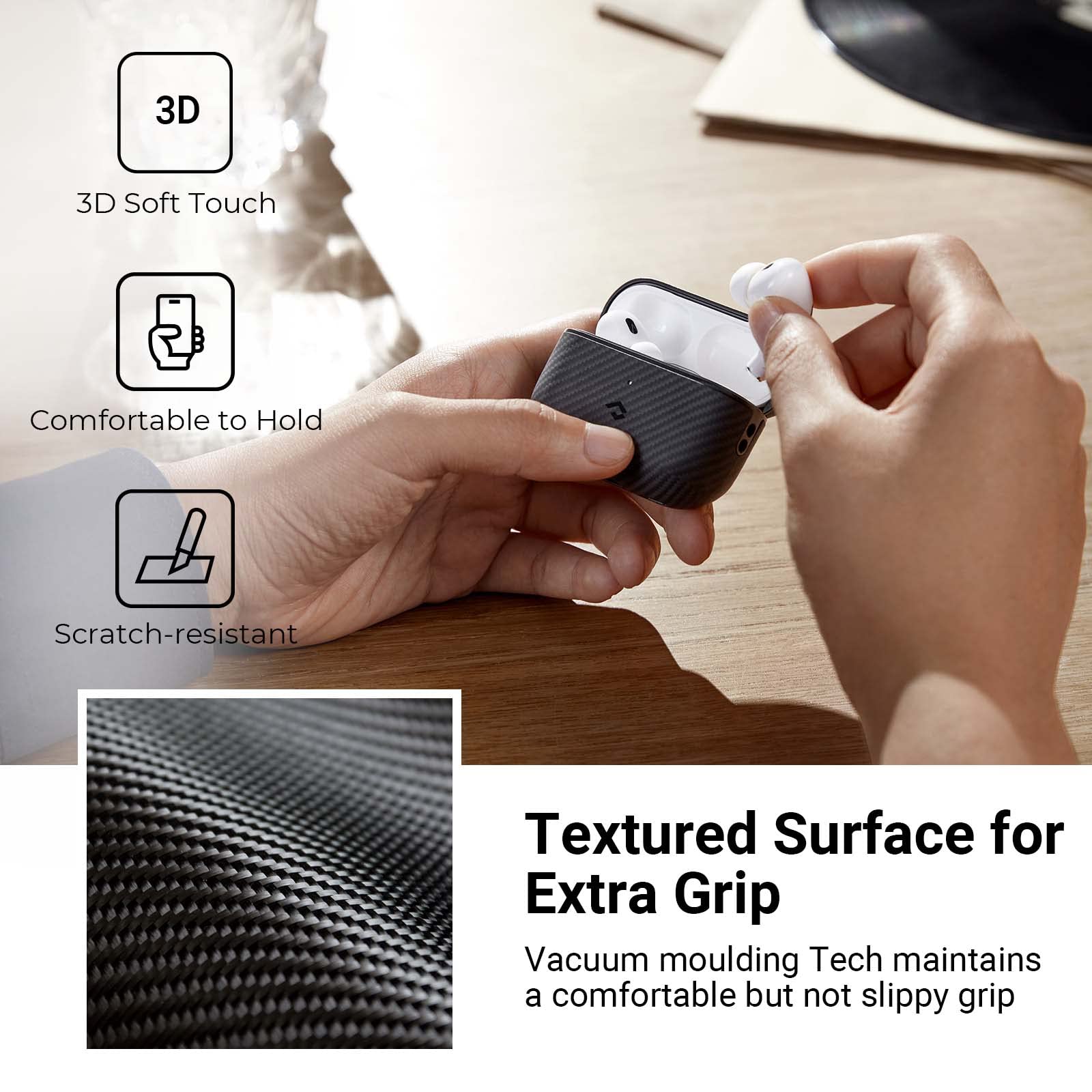 PITAKA Magnetic Shockproof AirPods Pro 2 Case (2022) - 600D Aramid Fiber Protective Cover with MagSafe Compatibility - Black/Grey (Twill) - Perfect for Gym, Travel & Everyday Use