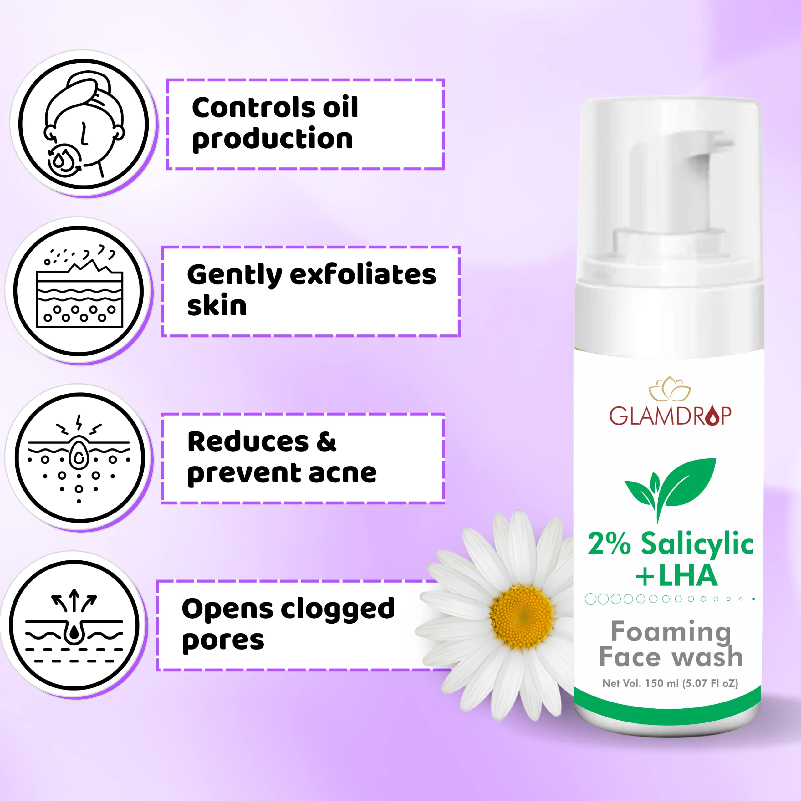 Glamdrop 2% Salicylic Acid Foaming Face Wash for Oily & Acne-Prone Skin | Exfoliating & Deep Cleansing with LHA | Gentle Formula for Men & Women | 150ml | Perfect for Daily Skincare Routine & Acne Treatment