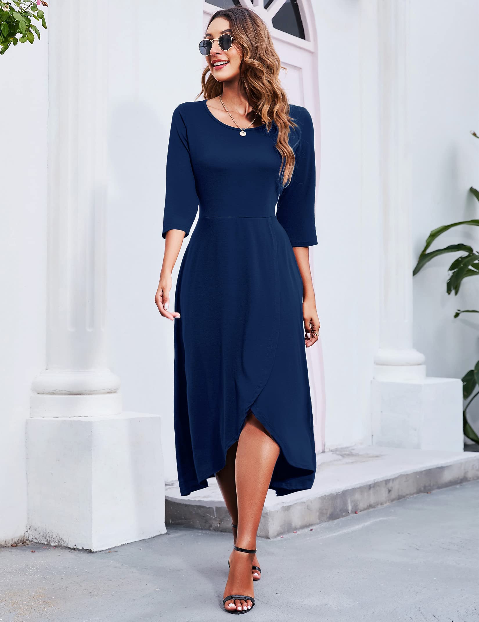 MISSKY Women's Maxi Dress 3/4 Sleeve Casual Beach Vacation Dress with High Low Hem & Round Neck - Navy Blue XL | Perfect for Summer Outings, Weddings & Semi-Formal Events