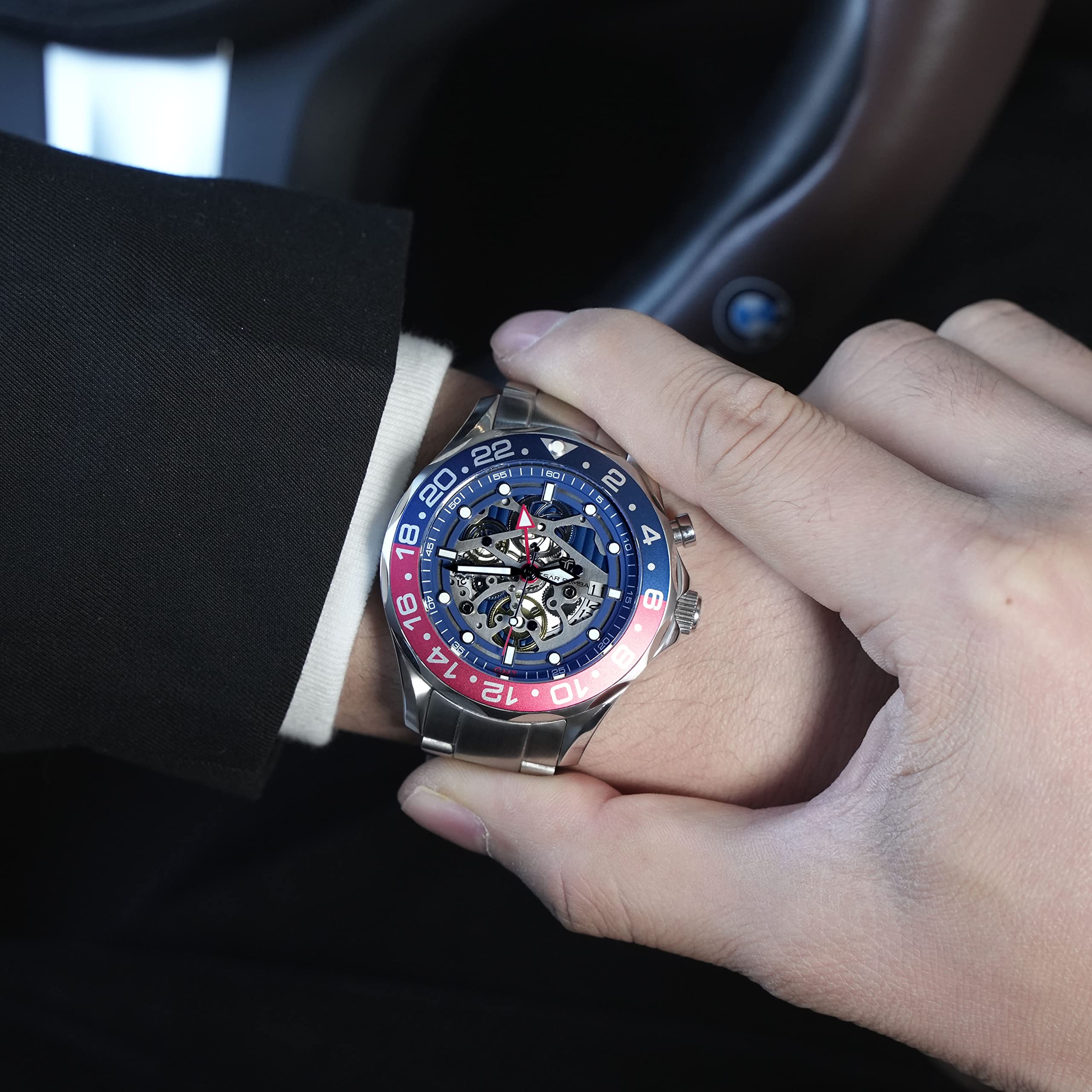 **TSAR BOMBA Luxury Automatic Square Skeleton Watch for Men – 50M Waterproof Mechanical Silver Wrist Watch with Silicone Strap – Stylish & Unique Replica Tonneau Design – Perfect for Business, Casual & Formal Occasions**