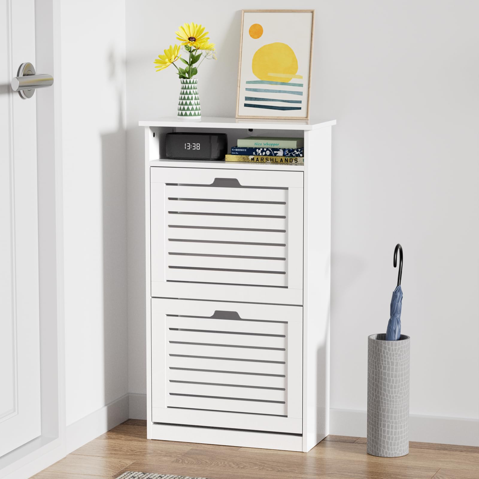 White Shoe Storage Cabinet with 2 Flip Drawers & Top Cubby - Slim Free Standing Shoe Rack Organizer for Entryway, Hallway, Closet - Perfect for Small Spaces & Apartment Living