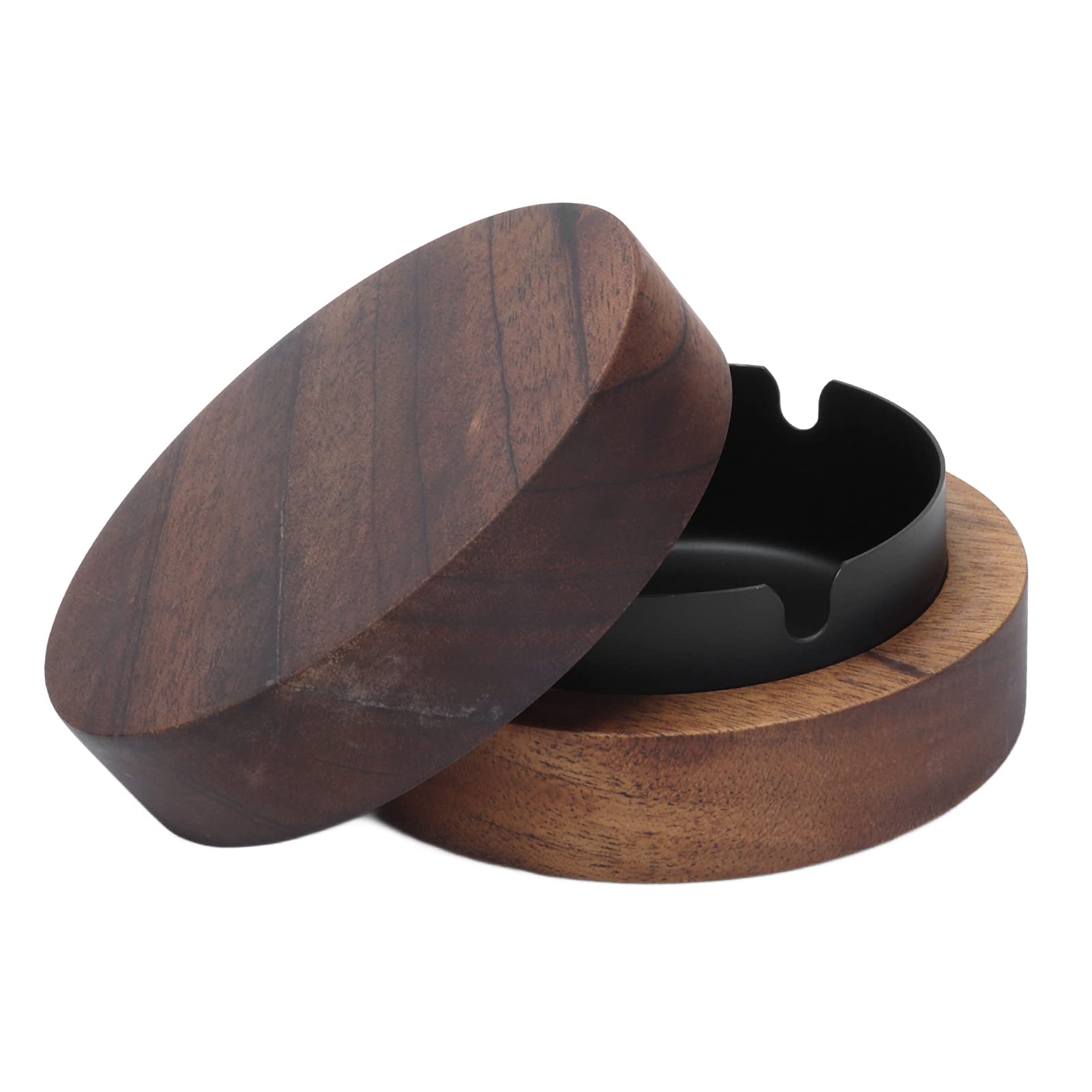Premium Wooden Ashtray with Lid & Stainless Steel Liner - Windproof, Durable & Easy to Clean Smoking Accessory for Indoor/Outdoor Use - Perfect for Home, Office, Patio, Camping & Travel (Silver)