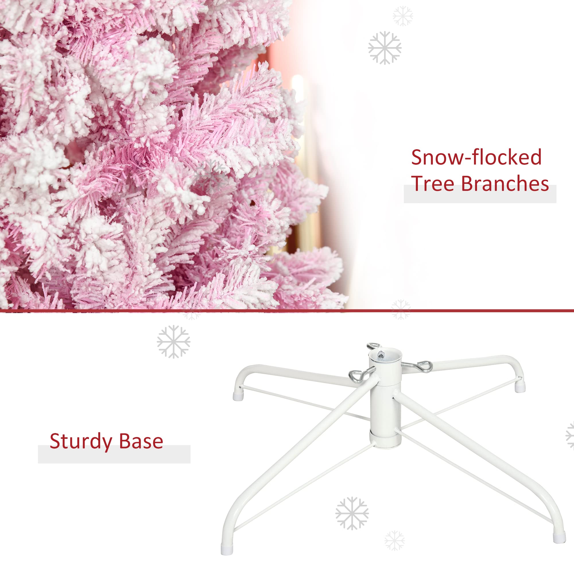 7.5ft Pink Snow Flocked Artificial Christmas Tree - Slim Pencil Xmas Tree with Realistic Pine Branches | Holiday Home Decor, Office & Party Decoration