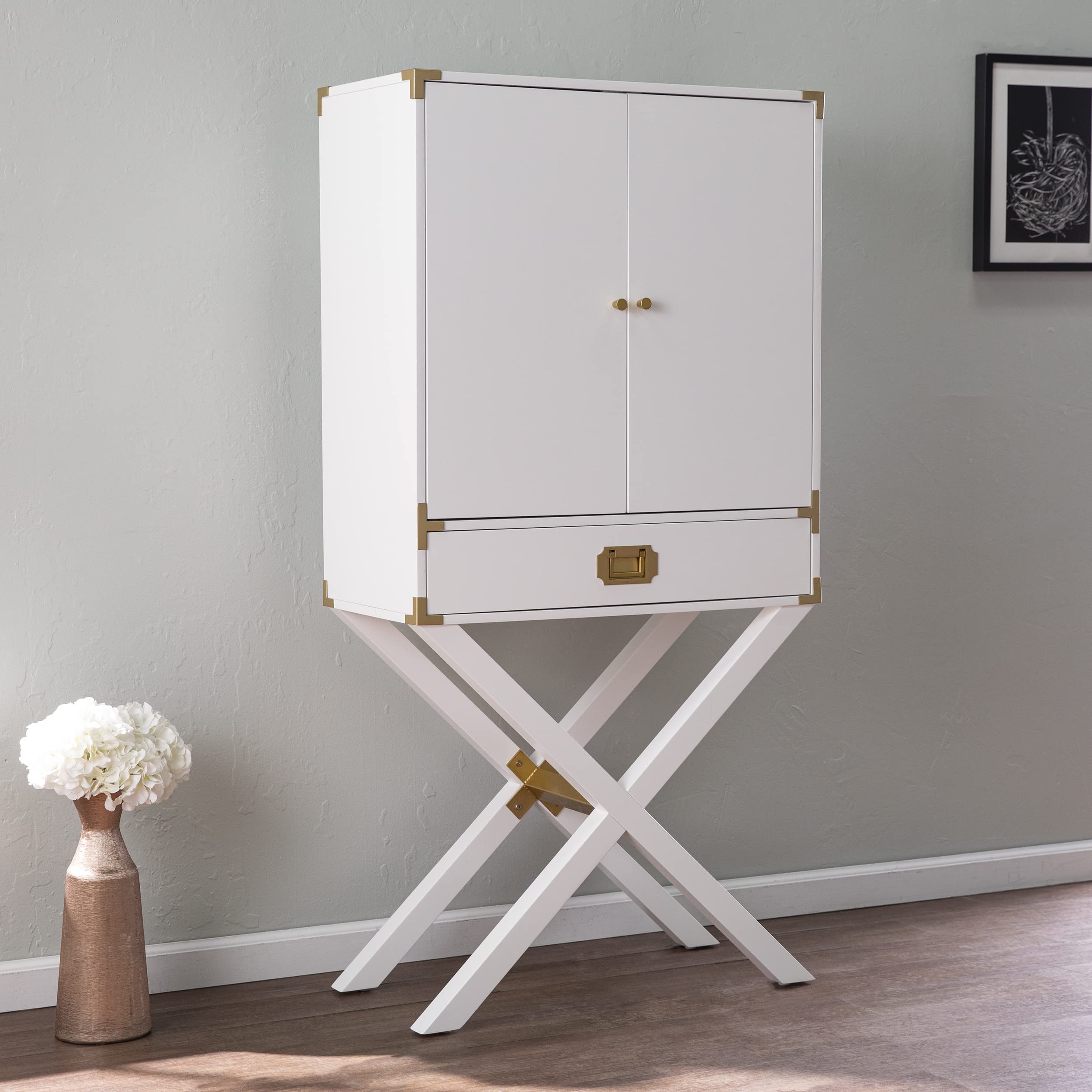 SEI Furniture White Campaign Tall Bar Cabinet with Storage - Modern Home Bar Organizer for Living Room, Dining Room & Kitchen