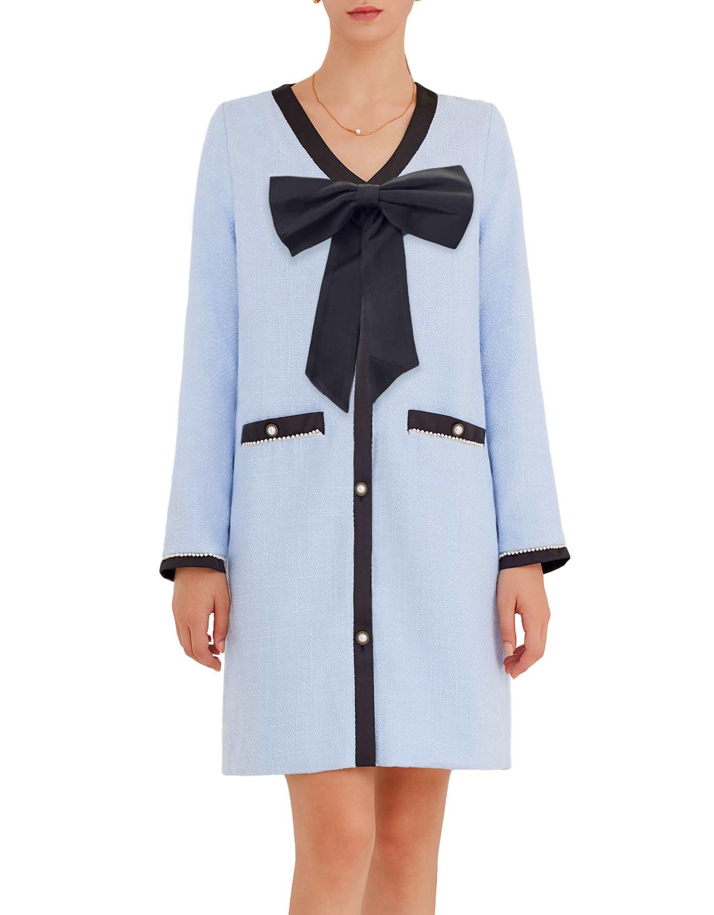 Elegant Women's Tweed Bow Mini Dress - Long Sleeve V-Neck Button Down Business Work Dress in Blue | Perfect for Office, Cocktail Parties & Formal Events