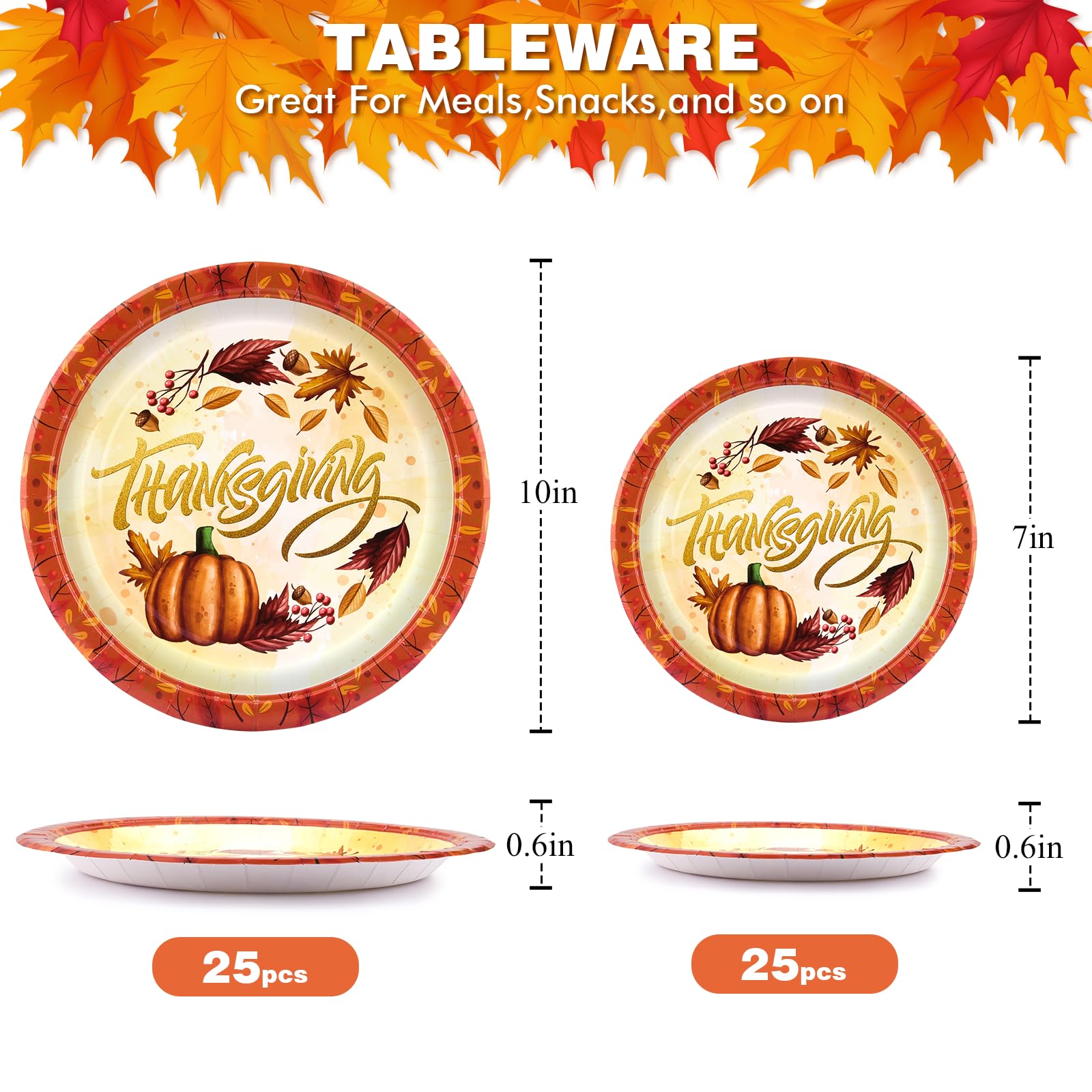EPHYO 50-Pack Thanksgiving Paper Plates 7in & 10in - Fall Disposable Plates with Leaves & Pumpkin Design, Autumn Harvest Compostable Dinnerware for Dessert, Appetizer, Cake & Party Supplies | Perfect for Thanksgiving Dinner, Family Gatherings & Holiday Celebrations