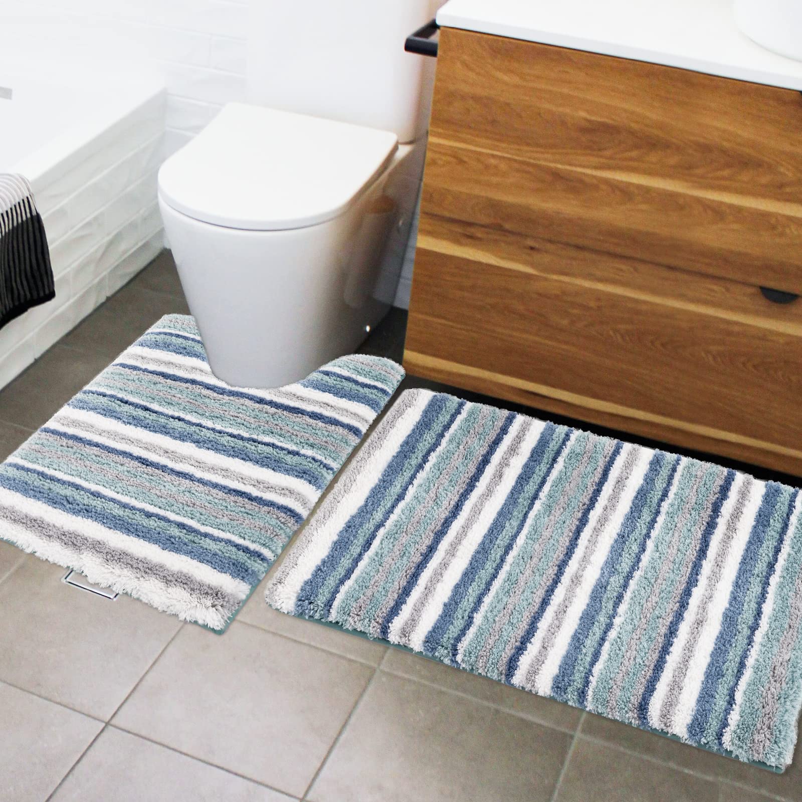 Premium 2-Piece Carvapet Bathroom Rug Set - Ultra Soft Absorbent Microfiber Bath Mat & U-Shaped Toilet Rug, Non-Slip Shaggy Machine Washable Floor Mats in Blue Grey White (20