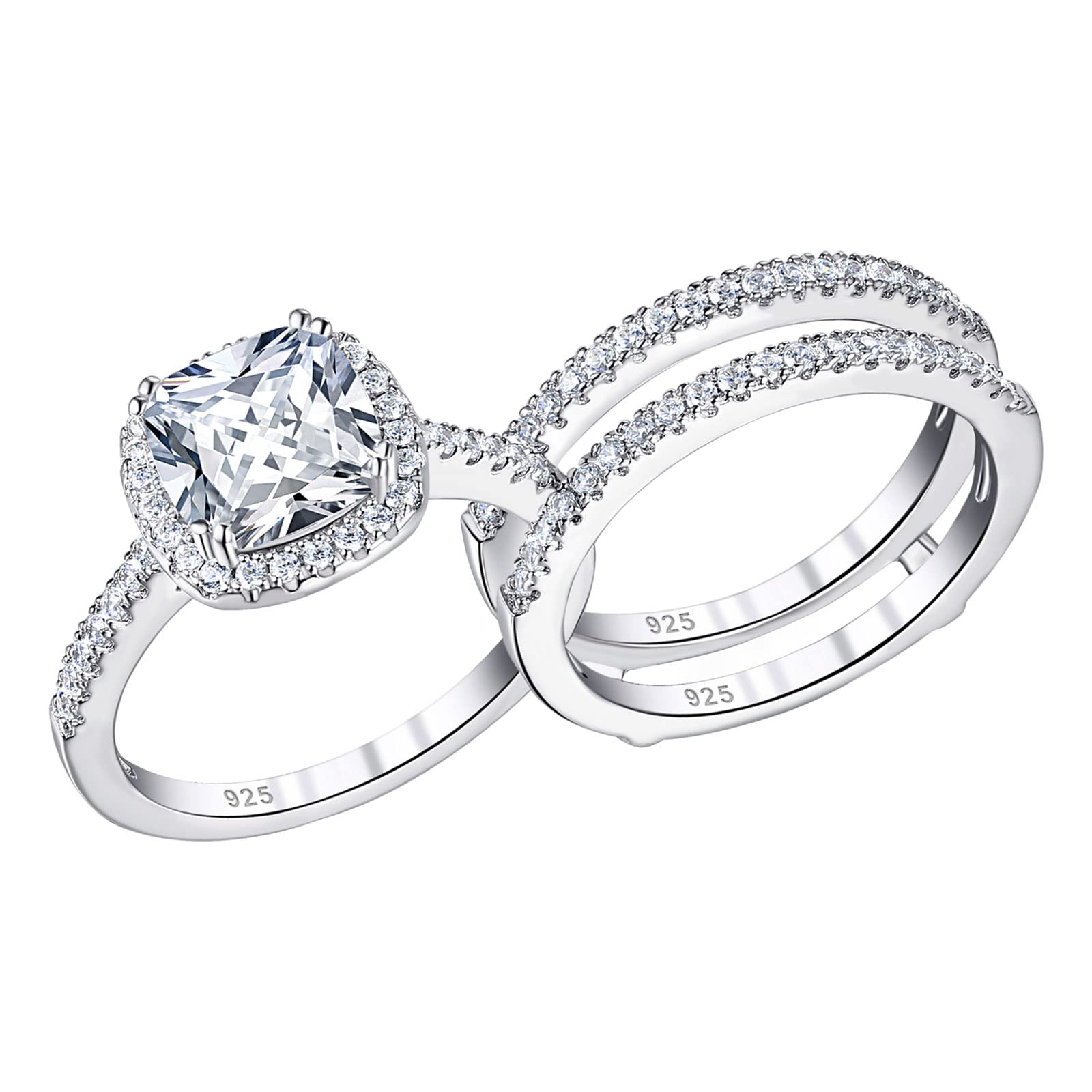 2.66CT Cushion Halo CZ Wedding Engagement Ring Set for Women - 925 Sterling Silver Bridal Promise Ring Enhancer - Size 4-12 - Perfect for Proposals, Anniversaries & Special Occasions