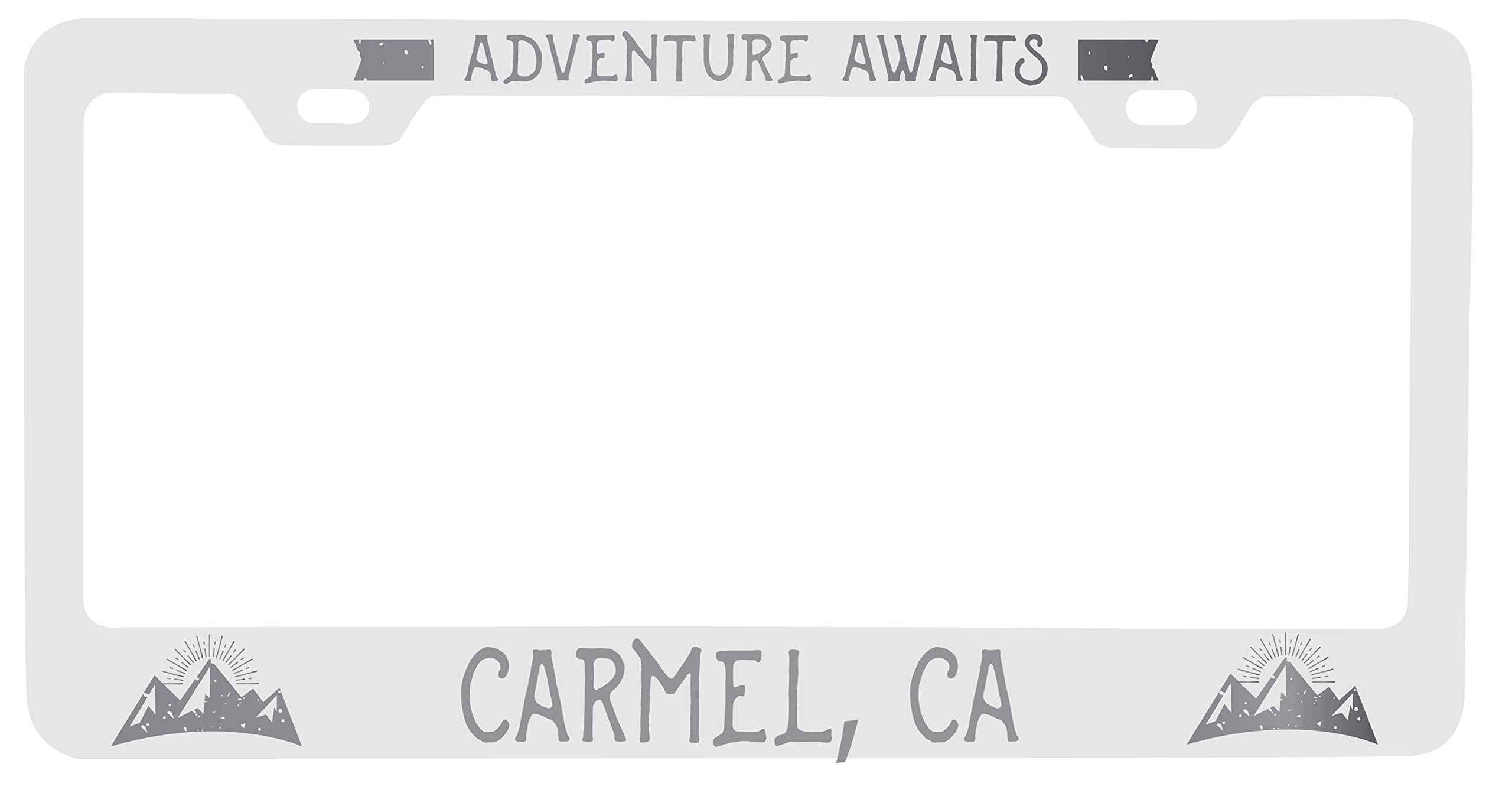 Carmel California Laser Engraved Metal License Plate Frame - 'Adventures Await' Design - Durable Car Accessory for Road Trips & Coastal Drives