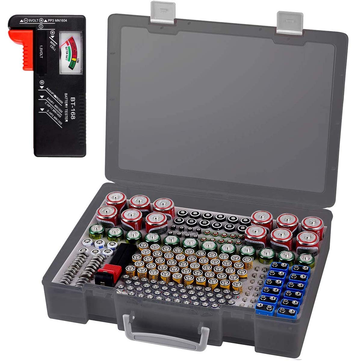 2-Pack Battery Organizer Storage Case with Built-in Tester - Holds 225 AA AAA C D 9V Batteries & 3V Lithium (CR2032, CR1632, CR2, LR44) - Perfect for Garage, Workshop & Home Organization