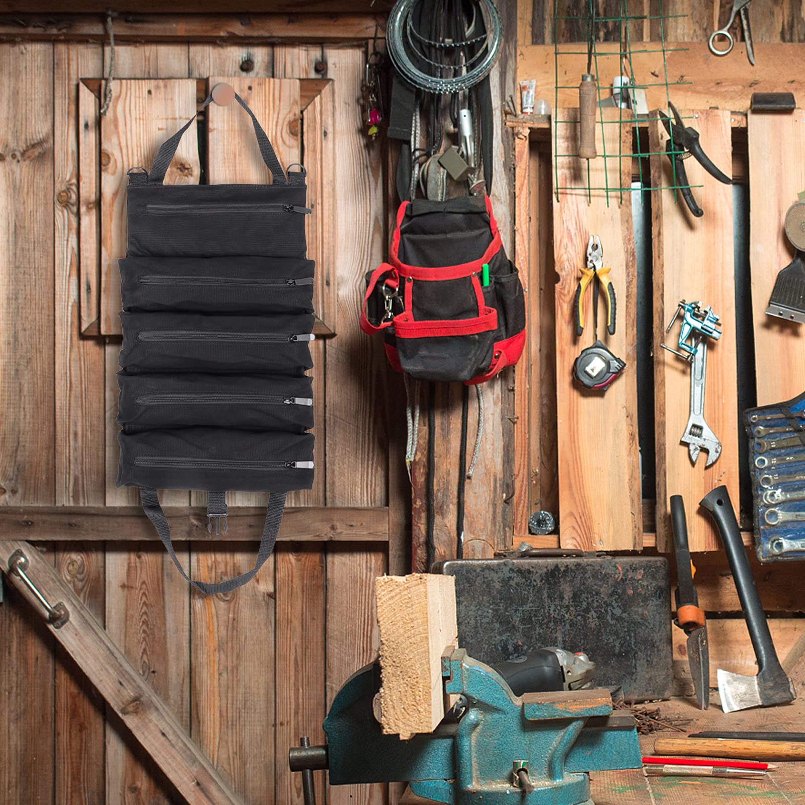 Super Roll Tool Organizer - Multi-Purpose Canvas Tool Bag, Wrench Roll & Car First Aid Kit Wrap | Durable Storage Case for Mechanics, Camping Gear & DIY Projects | Hanging Zipper Tote for Easy Access & Organization
