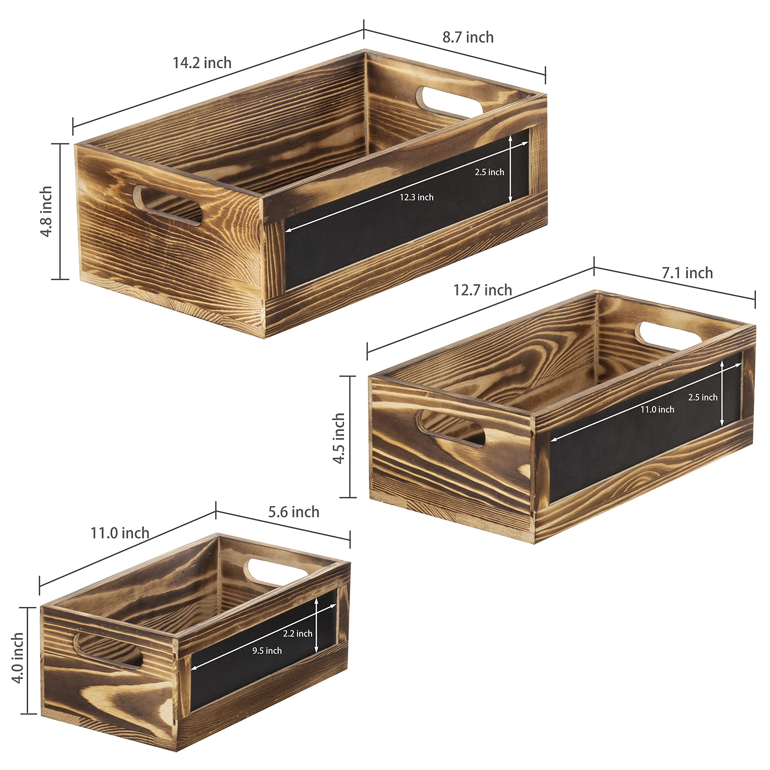 Rustic Burnt Wood Nesting Storage Bins with Chalkboard Panel & Cutout Handles - Farmhouse Decorative Stackable Wooden Open Top Boxes, 3-Piece Set - Perfect for Home Organization, Pantry Storage & Farmhouse Decor